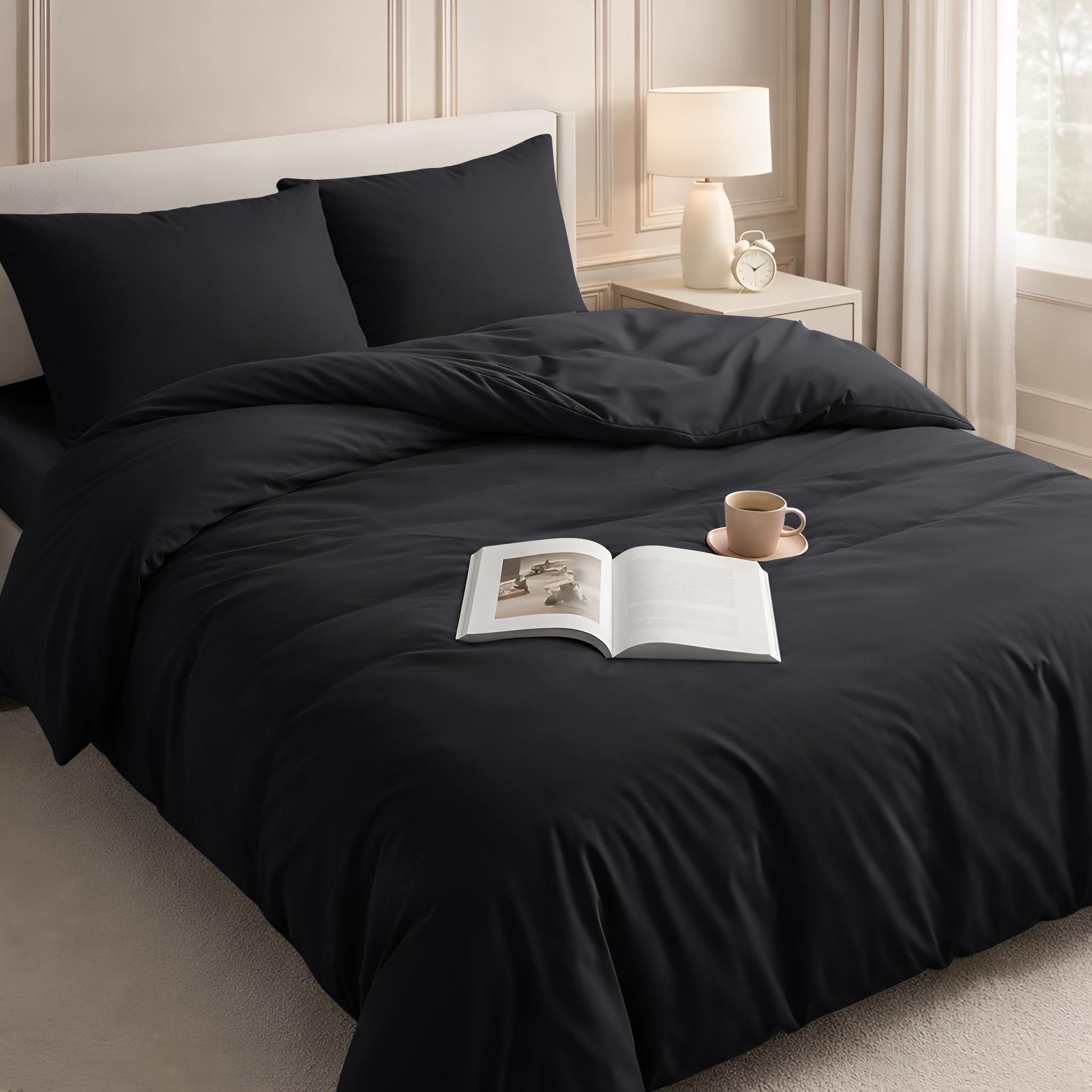 Velosso Duvet Cover Sets - Brushed Microfibre Duvet Covers with 2 Pillowcases - Hypoallergenic Ultra Soft Breathable Quilt Cover Set (Black, Double) — image 1