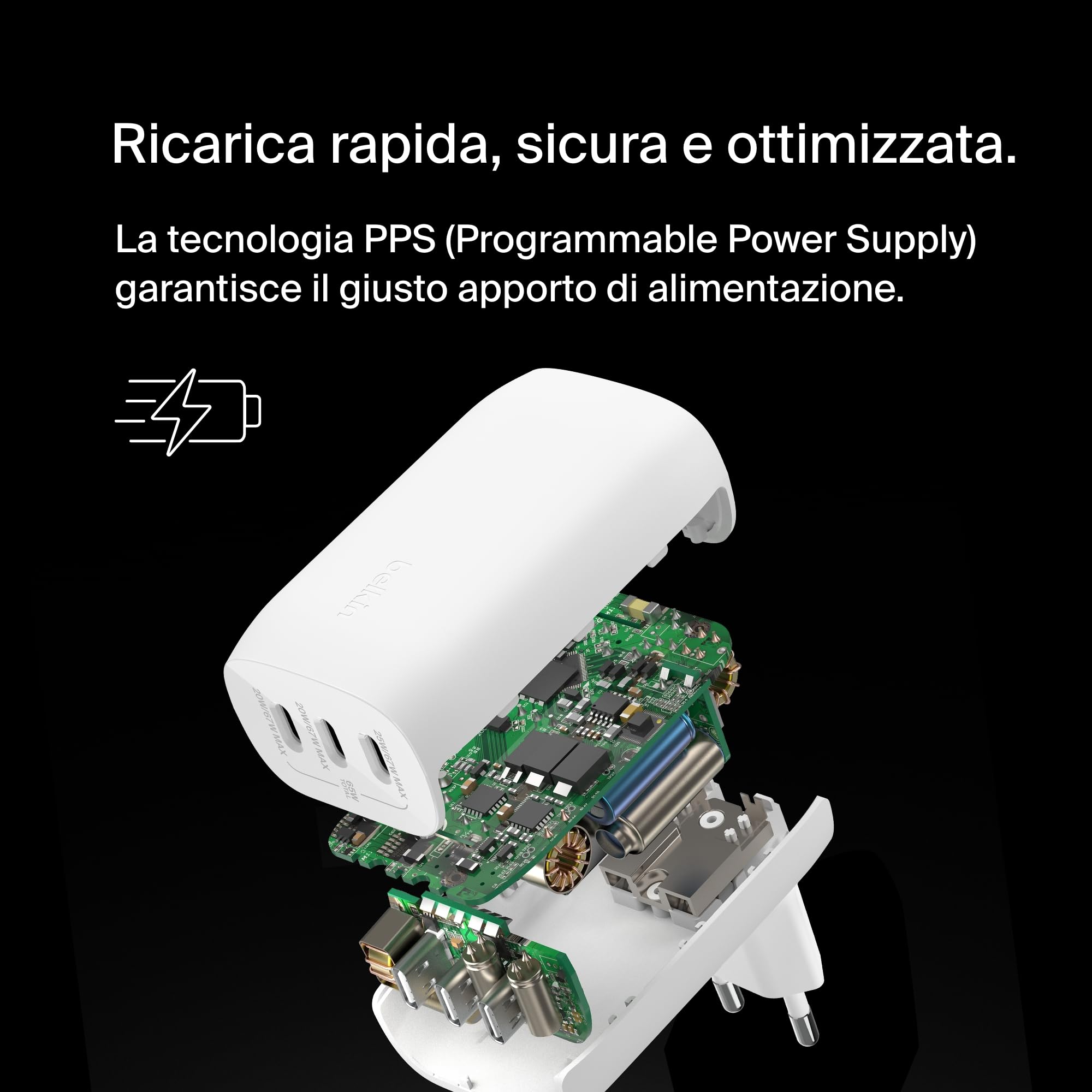 Belkin BoostCharge Caricabatteria da parete a 3 porte USB-C con PPS da 67 W, caricabatteria rapido per iPhone 16, MacBook Pro, AirPods, Samsung Galaxy e altri dispositivi con Power Delivery - Bianco