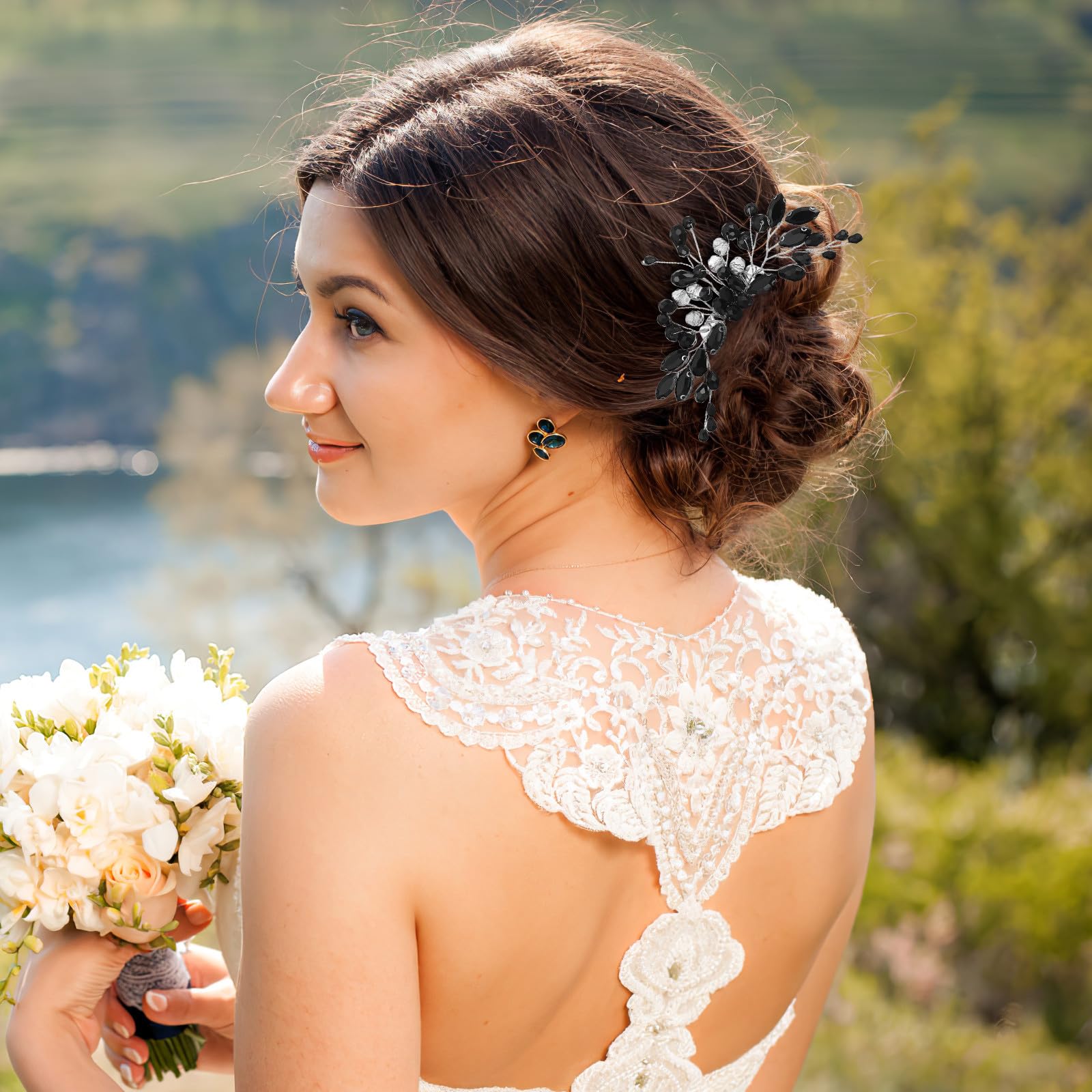Pettine Laterale da Sposa Nero Cristalli, Elegante per Acconciatura