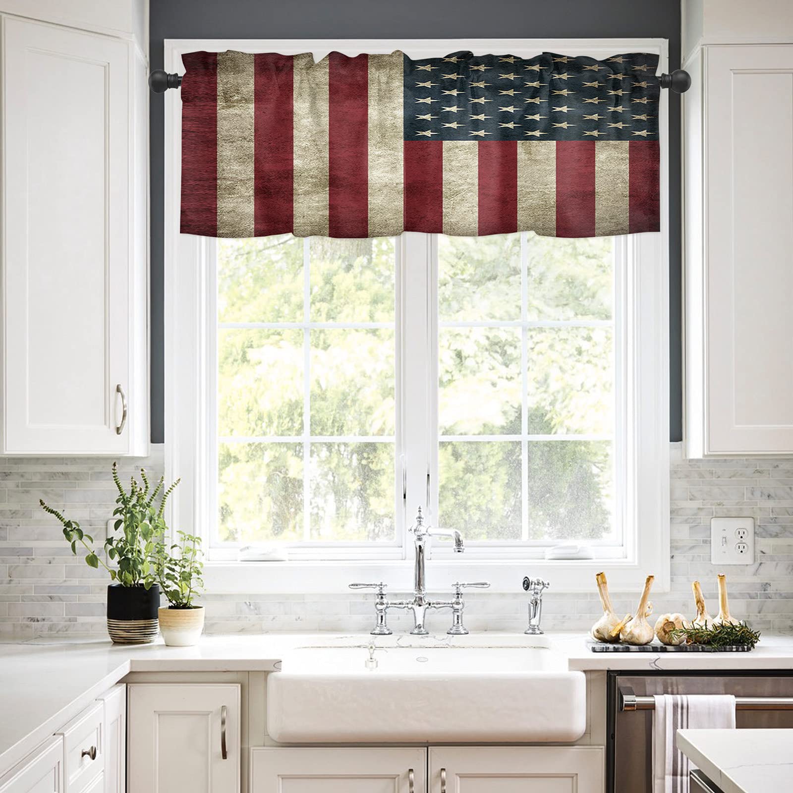 Photo 1 of 2 PACK Litter Star Window Valance Rod Pocket Short Curtain Panels Vintage American Flag Kitchen Valances Curtains, Patriots Memorial Day Window Treatments Drapes for Living Room Bedroom Decor 54"Wx18"L National Flagbkr2866