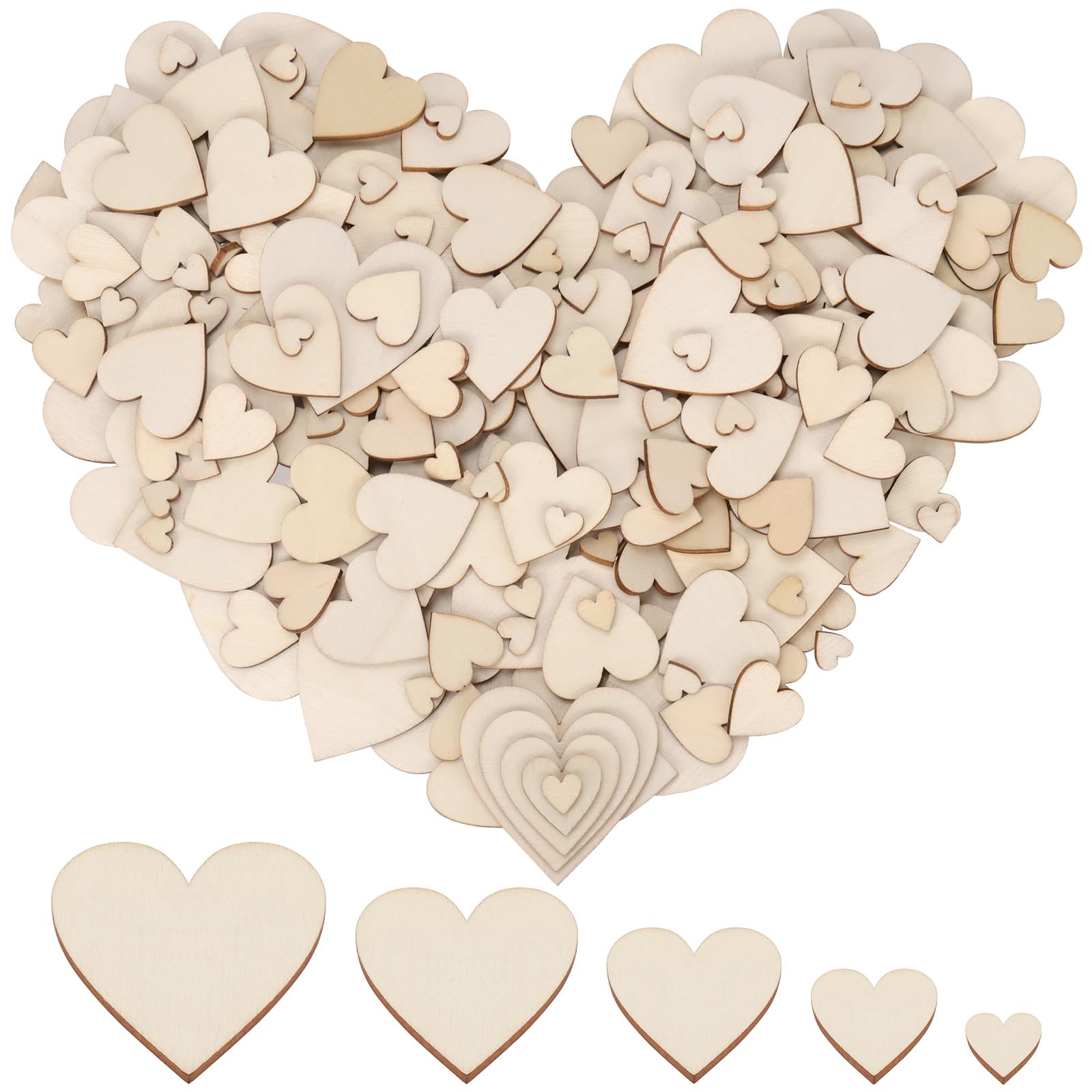 Mardatt 300Pcs 5 Sizes Unfinished Wooden Hearts for Crafts Wood Heart Cutouts Wood Heart Slices