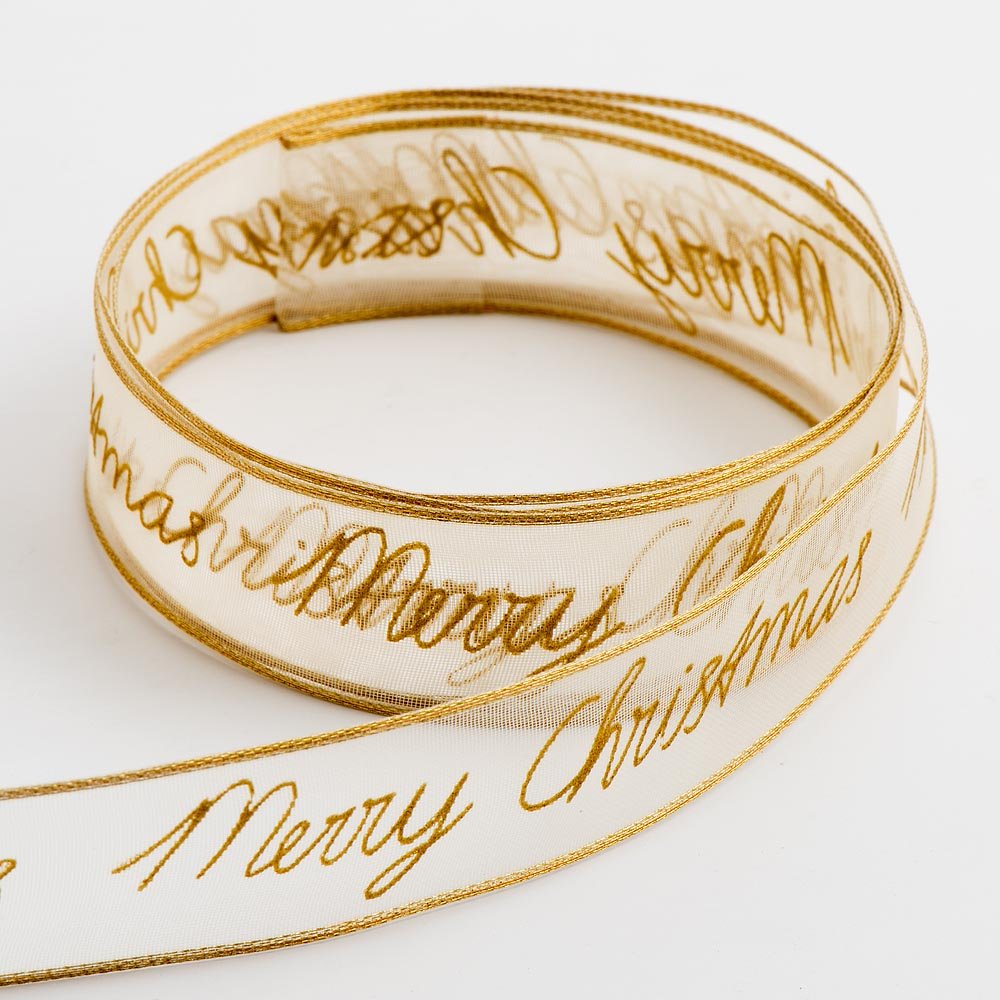 Italian Options Merry Christmas Organza Gold Merry Christmas Gold Organza Ribbon, Wired Christmas Ribbon For Gift Wrapping, Crafts, Weddings, Wreaths, Tree Decorations, Gold, 25 Mm X 10 Metre Roll