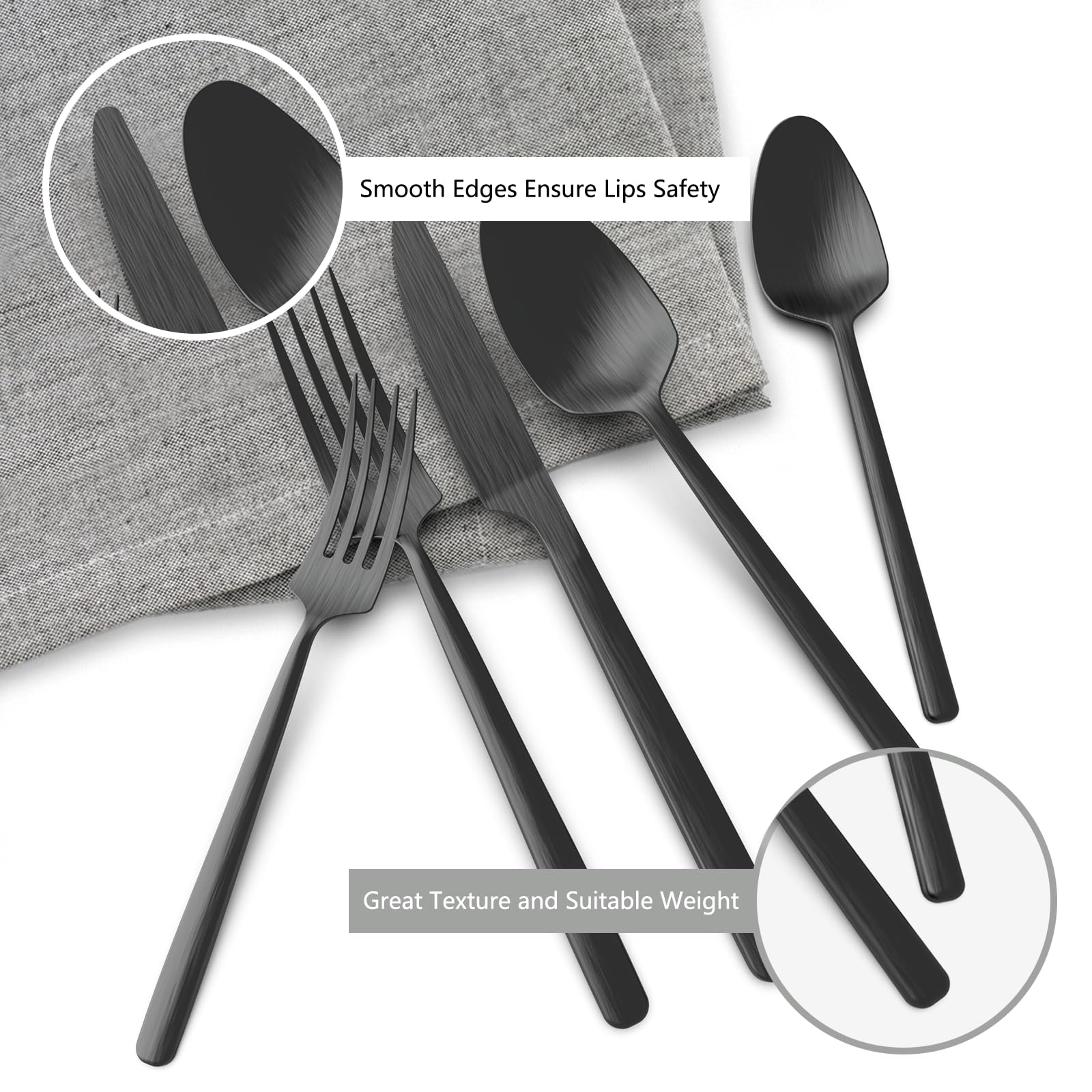 Oval Matte Black 20-Piece Silverware Set, Stainless Steel Flatware Set with American Design, Modern Cutlery Set, Service for 4, Dishwasher Safe