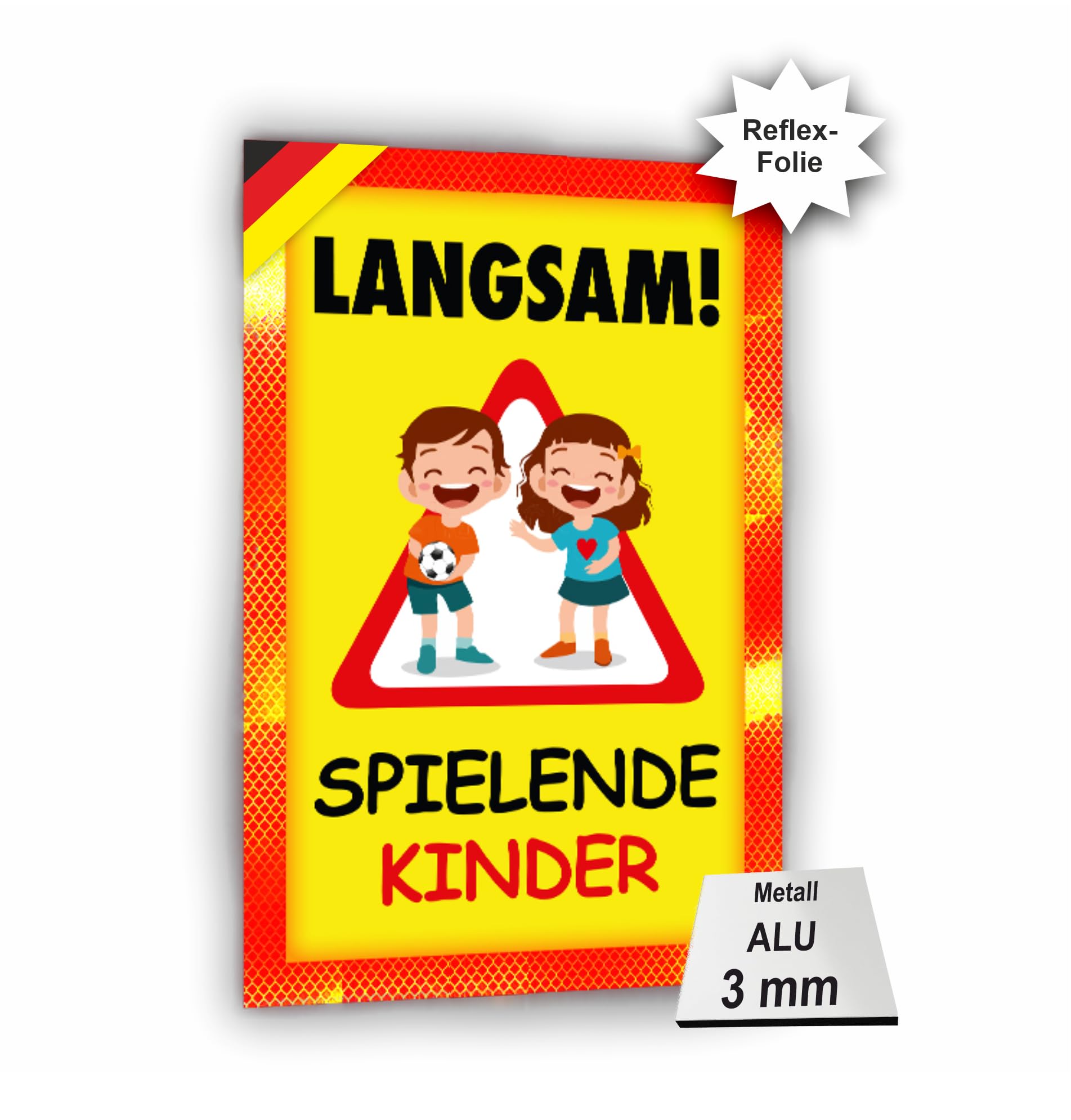 Sachverständigen-Zubehör® Achtung Kinder Sicherheit Schild XXL aus Metall [3 mm] mit Reflektoren [reflektierend leuchtend] Verkehrsschild Warnschild 60 x 40 cm Pylonen Warn Aufsteller Spielstrasse
