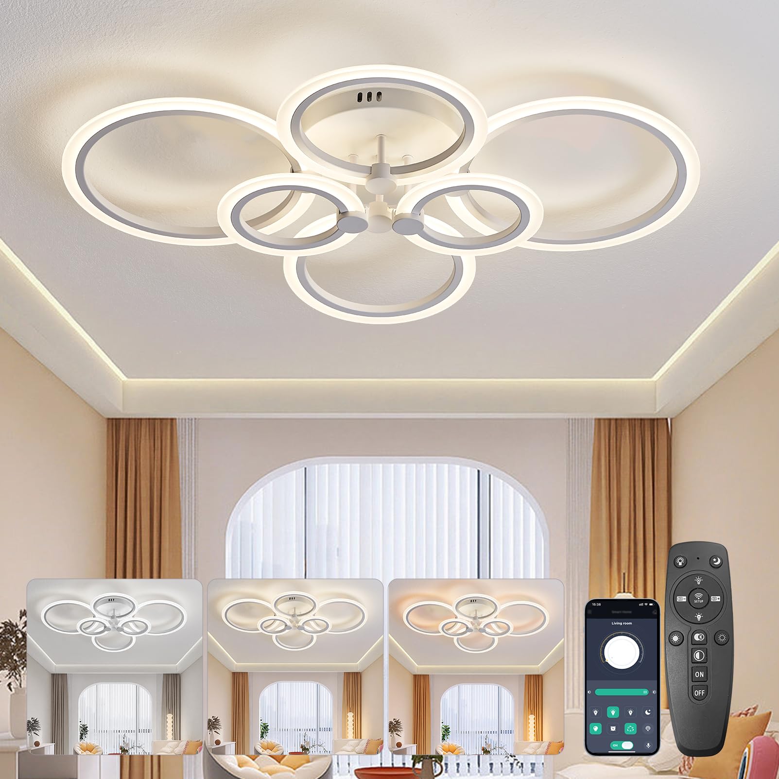 Plafon LED Techo Regulable, 54W 4590lm Modernas Lamparas de Techo Salon 2700K-6500K 5%-100% LED Lámpara de Techo Redondo Acrílico Blanco 80cm Con Control Remoto y APP para Cocina, Baño
