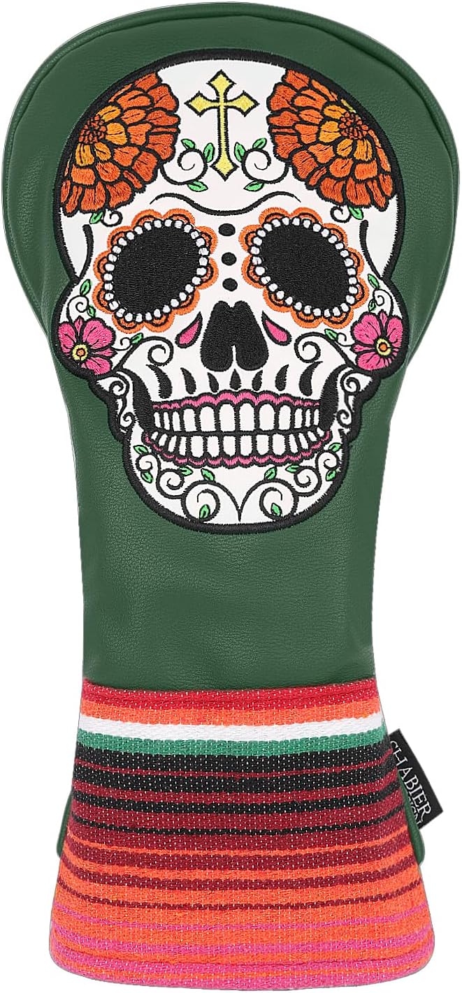 SHABIER Dark Green Golf Hybrid Headcover with Orange Flowers Embroidery Sugar Skull Design for Golf Club