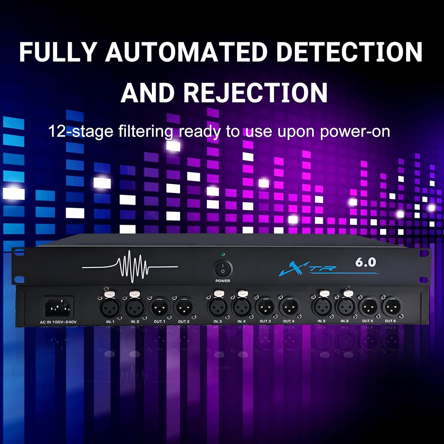 Professional Feedback Suppressor, 6in6out Microphone Anti-Howling Device, Automatic Frequency Shifter for Clear Audio in Stage Performances, Conferences, and KTV Systems