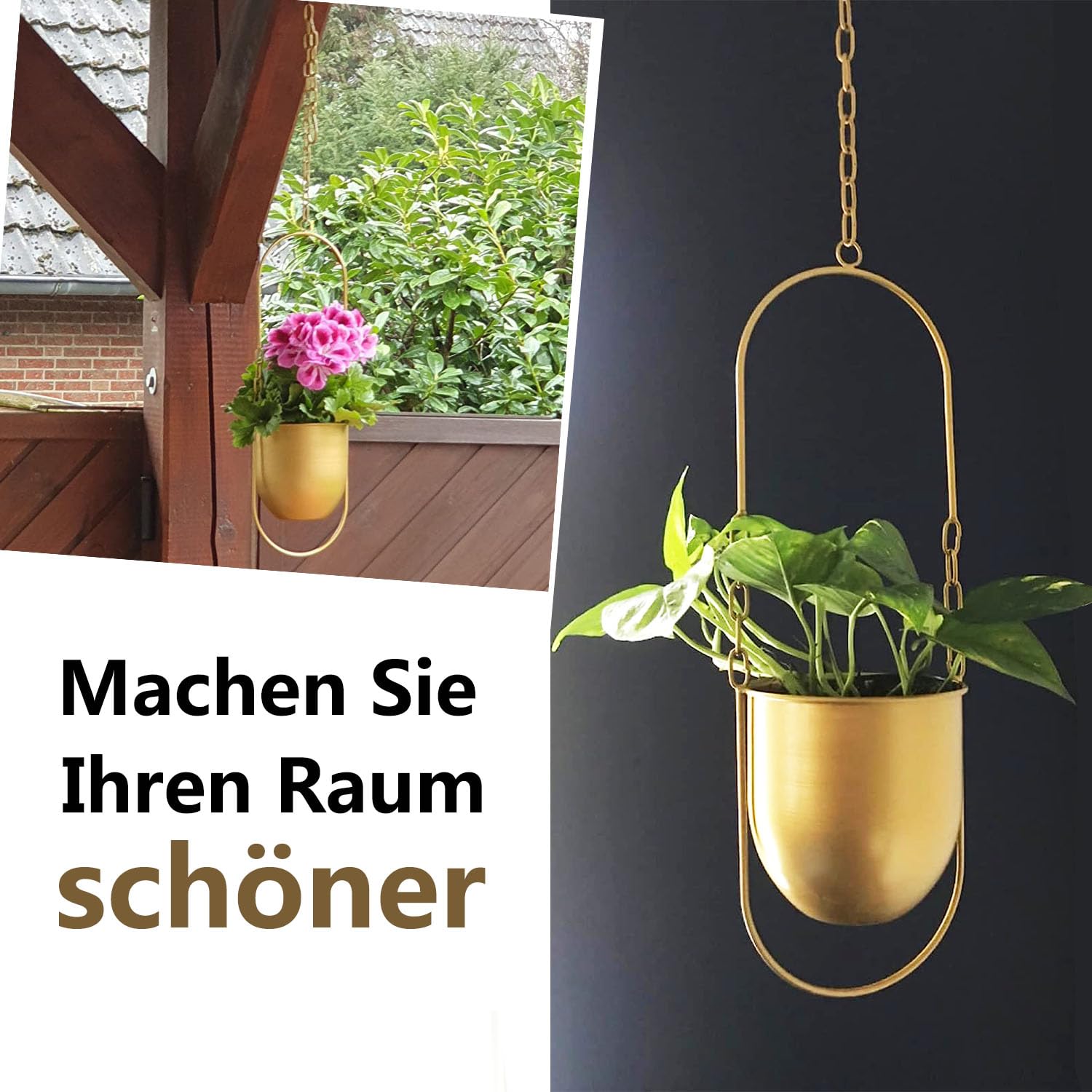 Lot de 2 suspensions pour plantes suspendues - Style bohème - Pour mur moderne et plafond - Pour plantes succulentes, herbes, petites plantes - Doré