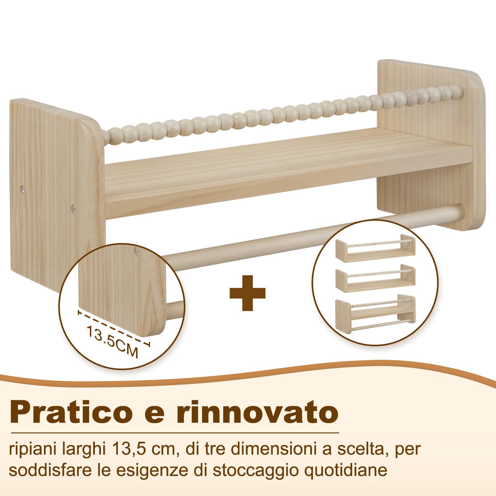 WOLTU Librerie per Bambini da Parete in Legno Massello, 40 cm Set di 3 Porta Libri per Cameretta, Scaffale Libri per Bambini, Librerie da Parete Piccole con Perline
