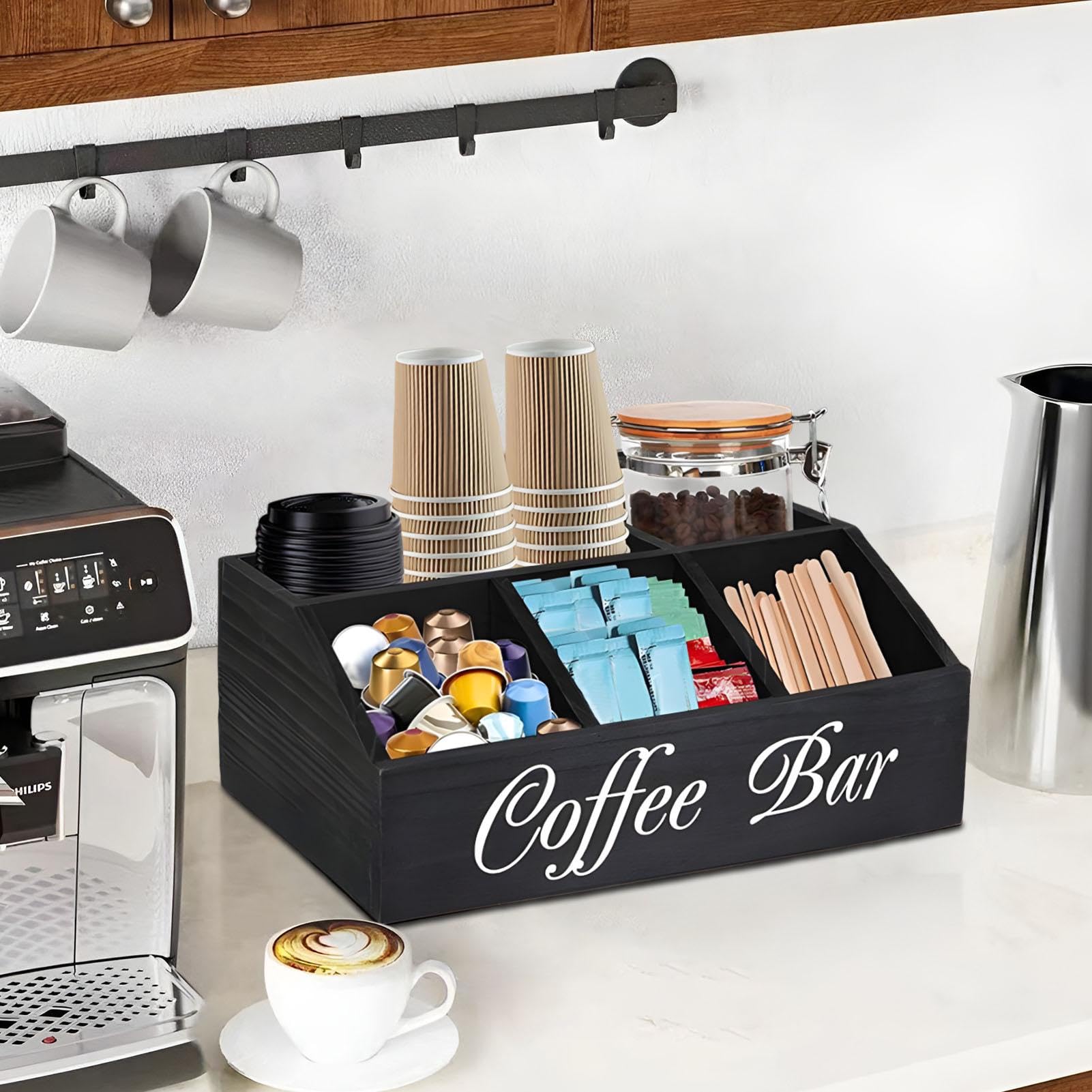 Generico Organizer da bar da bancone, organizer da bar in legno - Porta caffè in legno,Organizer per postazione caffè con divisori rimovibili per casa, ufficio, negozio di dolci
