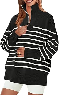 Women's Striped 1/4 Zipper Sweater 2023 Long Sleeve Ribbed Knit Loose Oversized Chunky Pullover Sweaters Jumper Tops
