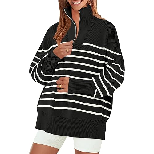 ZESICA Women's Striped Sweaters Half Zipper Long Sleeve Ribbed Knit Loose Oversized Pullover Sweater Tops