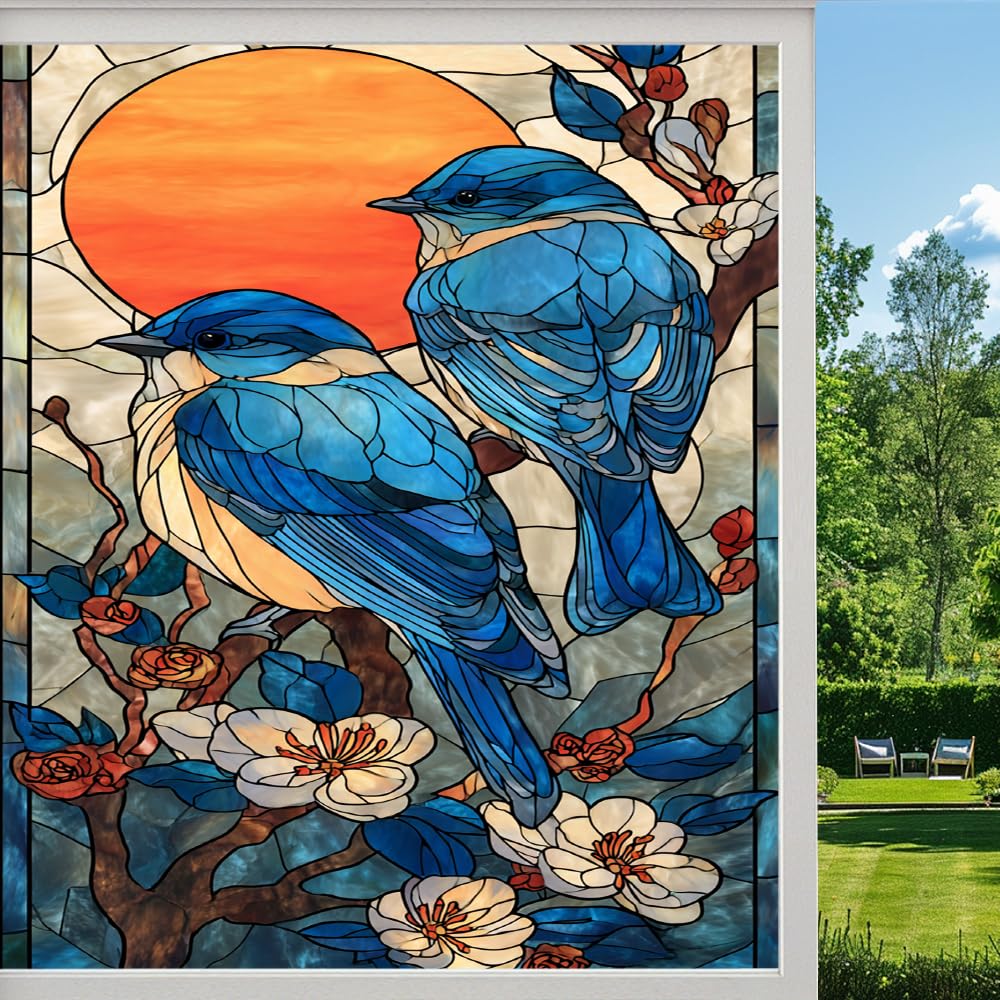 Pmlbaous Natural Birds Stained Glass Window Film, Retro Mountain Sunset Peel And Stick Privacy Film, Frosted Adhesive Vinyl Decorative For Bathroom Windows Glass Doors, （80X140cm）