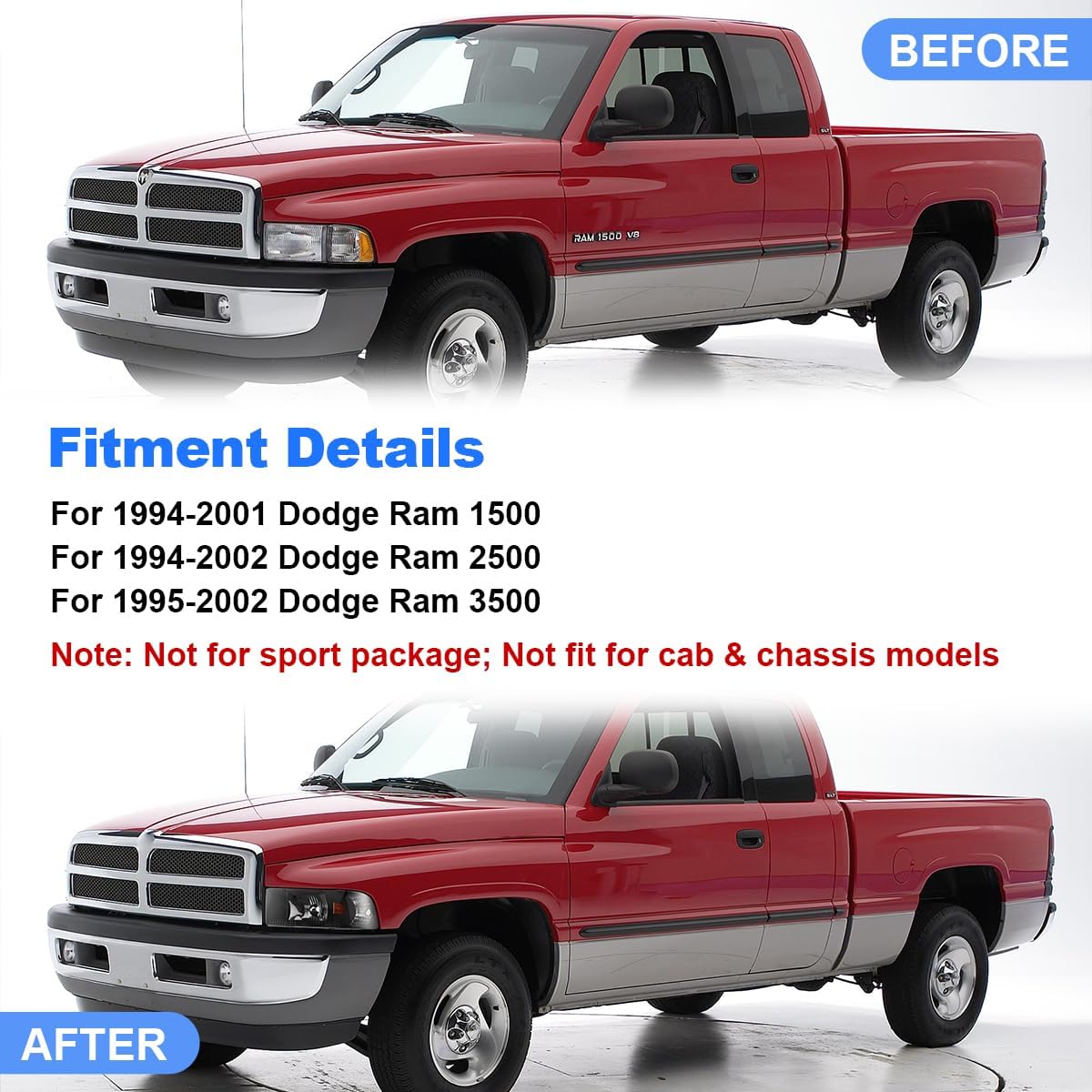 ROXX Headlights Tail Lights Compatible with 1994-2001 Dodge Ram 1500 Pickup 4 PCS Black Housing Clear Lens Headlights Assemblies + Smoke Lens Tail Light Replacement