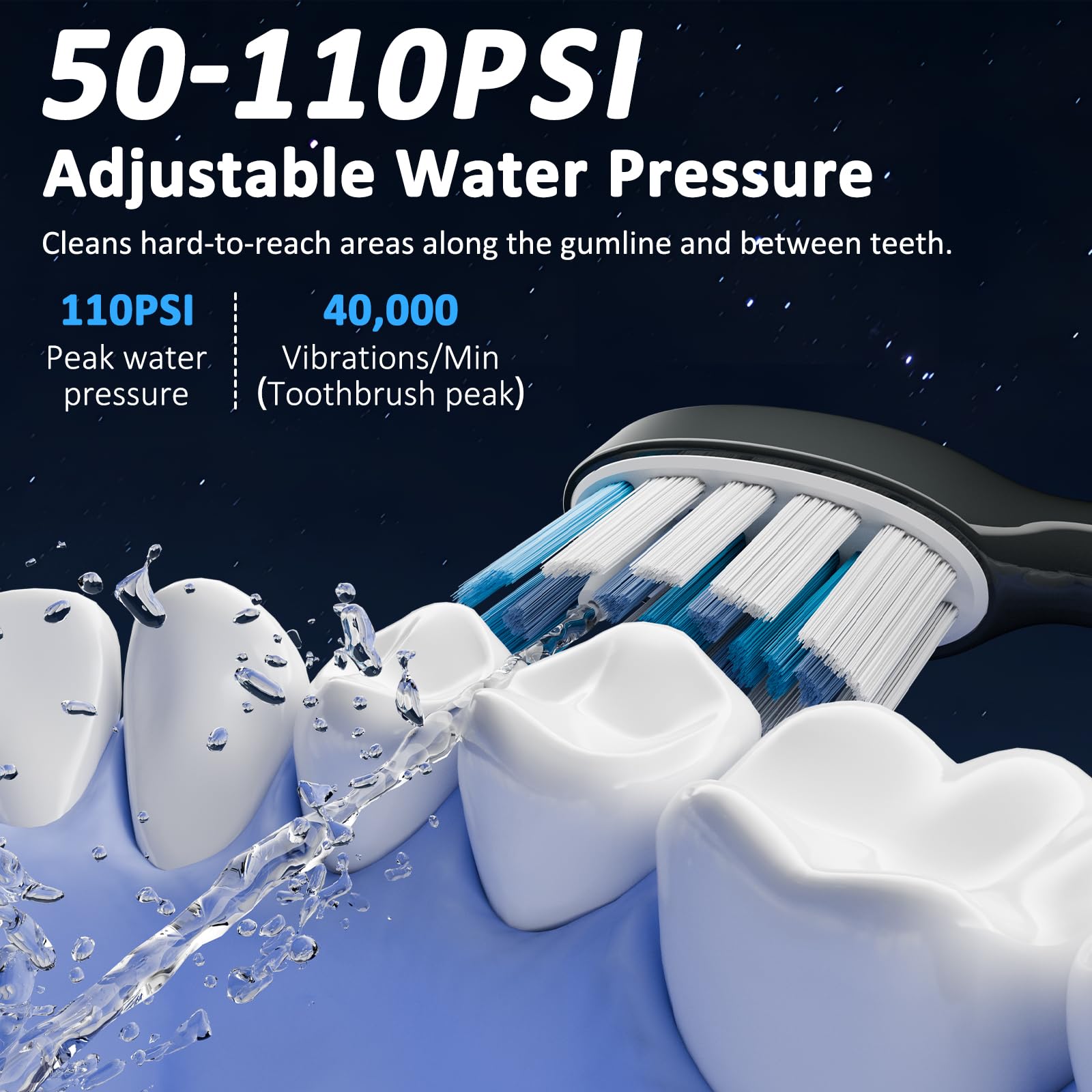 Marchpower Cepillo de Dientes Eléctrico Sónico con Irrigador y 46° Oscilación Vibración, IPX7 Impermeable Irrigador Dental Portatil con 2 Cabezales Aceptado, Depósito Magnético de Agua de 155 ml