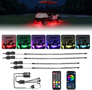 4PCS Golf Cart Underglow LED Strip Lights Kit, 12V Compatible with EZGO, Drive2, ICON and Kandi, IP67 Waterproof RF and APP Control, 300 ARGB Modes with Music-Sync