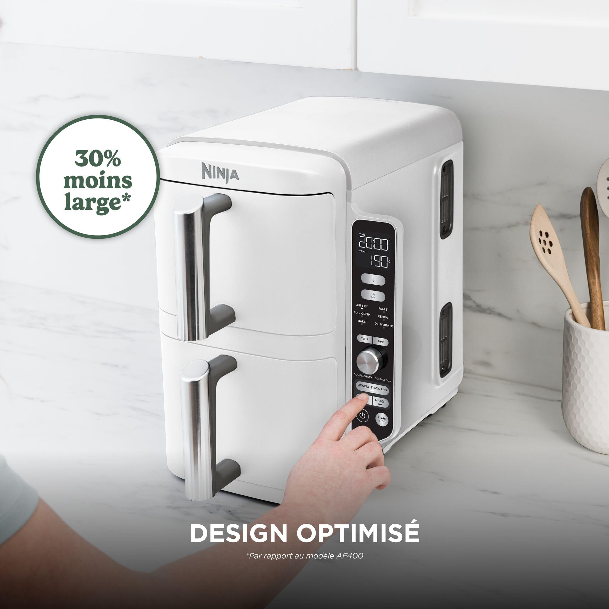 NINJA Double Stack XL Air Fryer, Friteuse sans huile Verticale Double Tiroir 4 Niveaux de Cuisson, 2 Tiroirs, 2 Grilles, Capacité de 9,5 L, 6 Fonctions, 8 Portions, Pinces, Blanc SL400EUWH