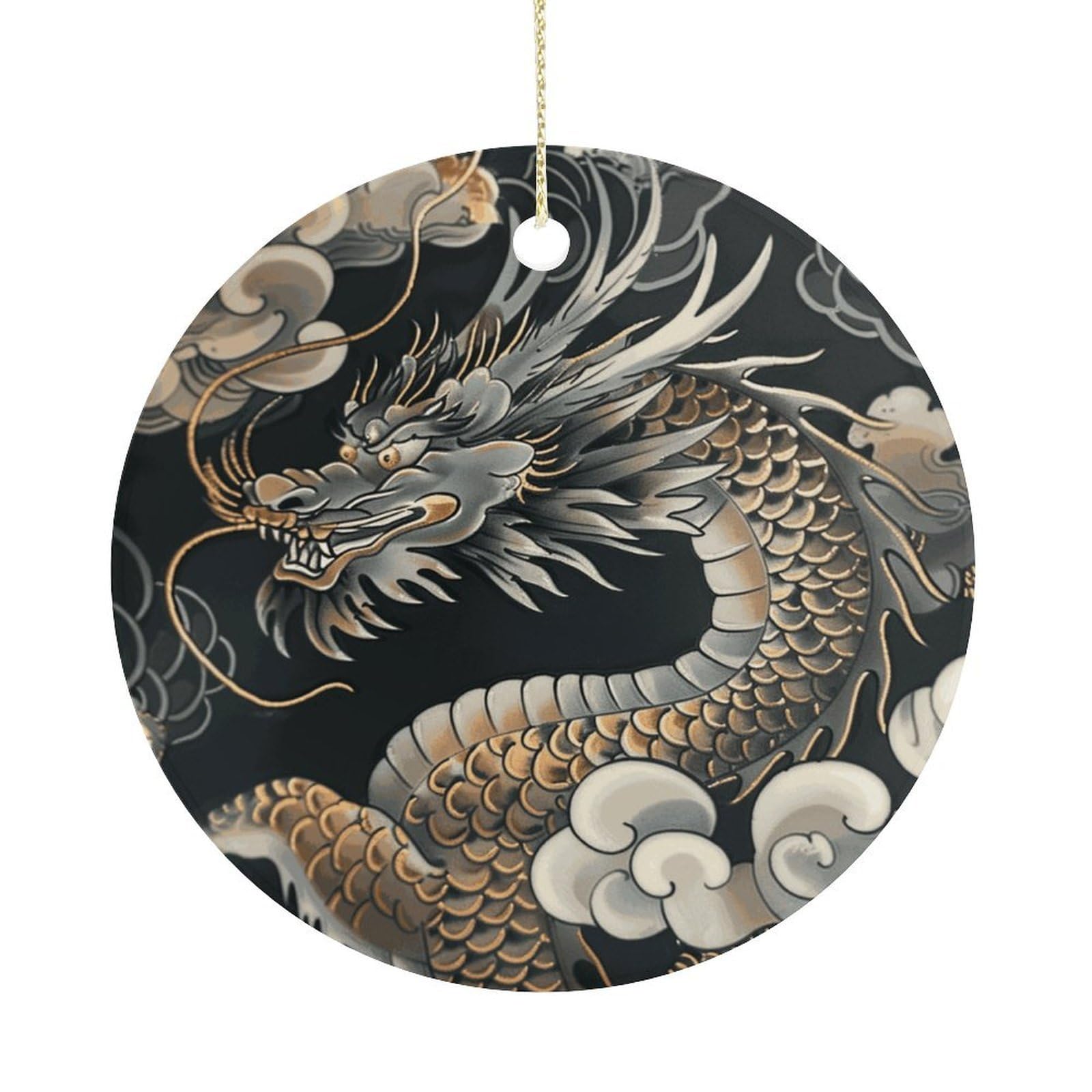 Black Oriental Dragon Christmas Ornaments Colorful Round Ceramic Ornament Christmas Hanging Decor Christmas Tree Decorations Xmas Keepsake for Women Men Xmas Holiday Party