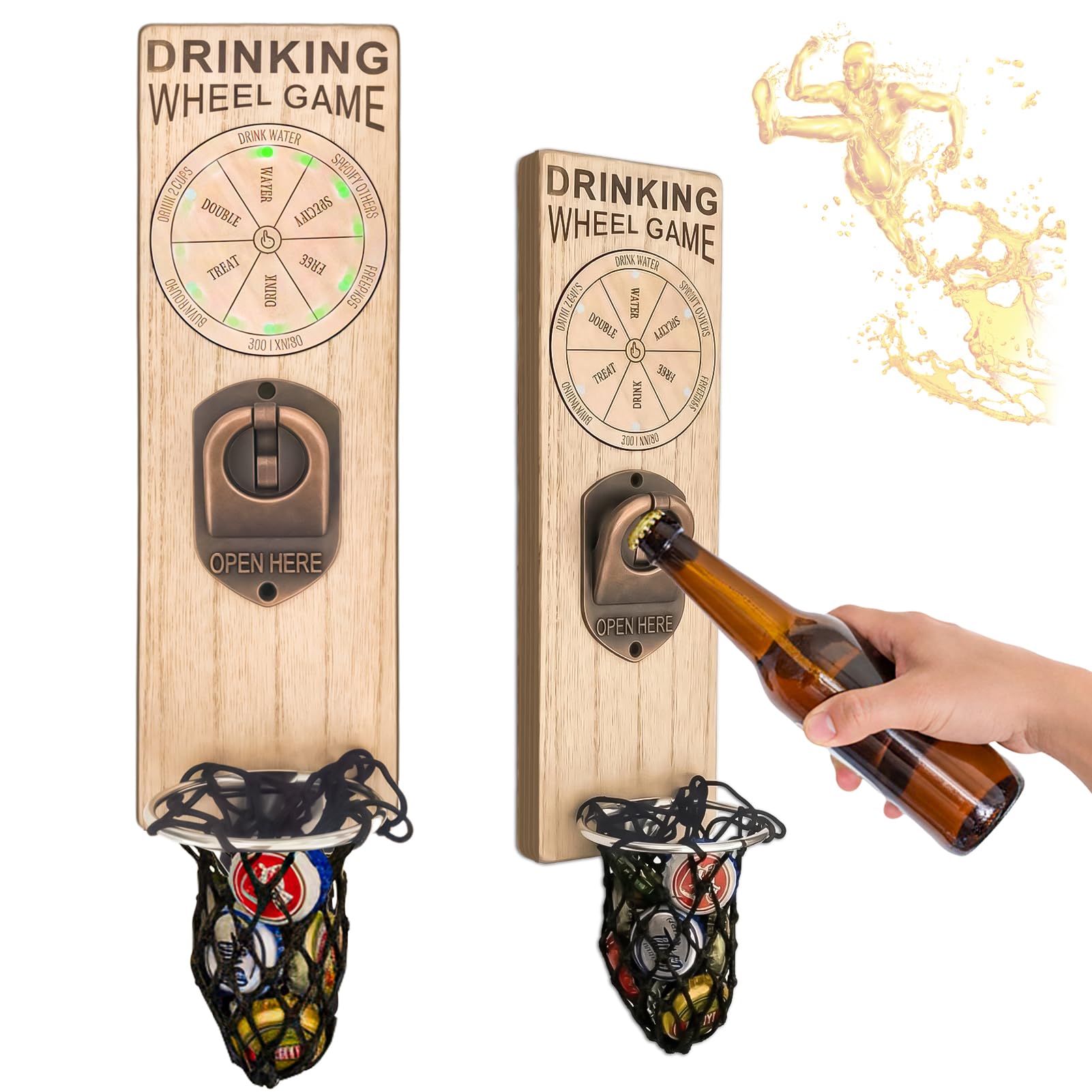Wooden Beer Bottle Openers with Magnetic Catcher, Traceless Bottle Opener Wall Mounted with Game Roulette, Home Bar Accessories for Kitchen, Garden, Outdoor, Ideal Beer Gifts for Men (Style 11)