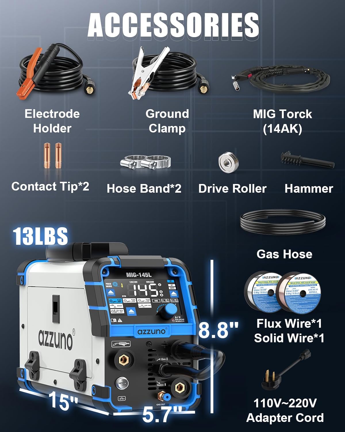 AZZUNO MIG Welder 145A& & .030" 2LBS Solid MIG Welding Wire, 110V/220V Dual Voltage 4 in 1 Gas/Gasless Flux Core MIG Welder/Lift TIG/Stick Welding Machine, Wire Feed Welder with Synergic Control