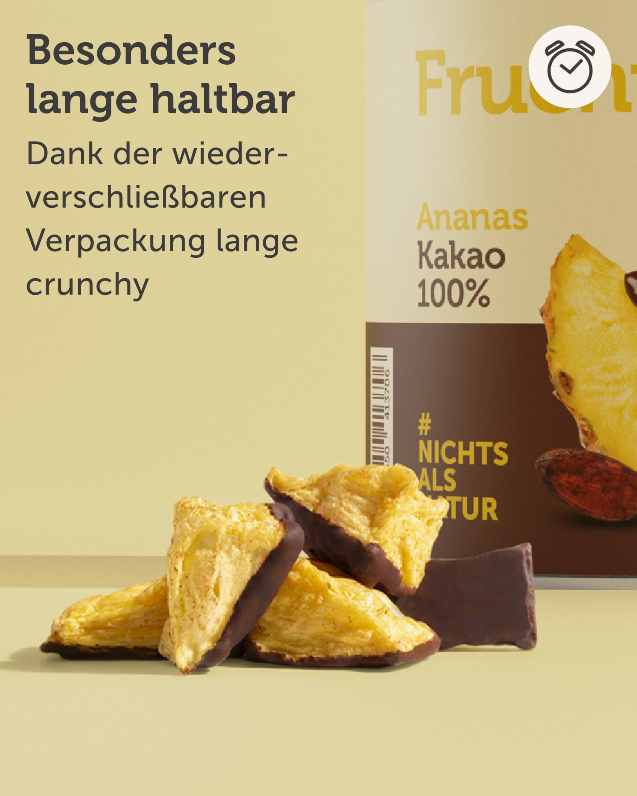 Buah Frucht Kakao Ananas | Ananas mit Kakao | Extra crunchy & fruchtig | Schokolierte Früchte mit dunkler Glasur | 100% natürlich, vegan, ohne Zuckerzusatz | 110 g