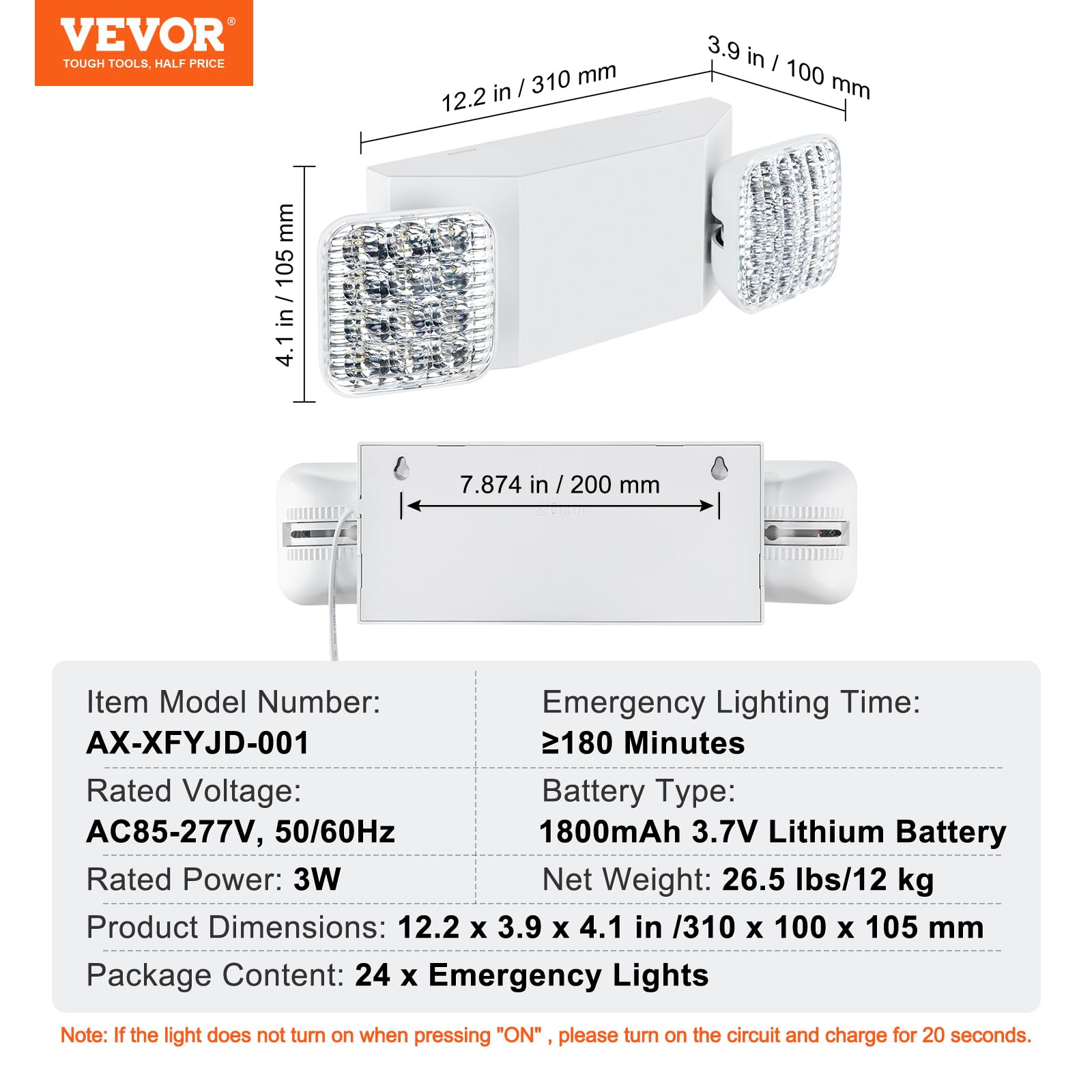 VEVOR 24 luces de emergencia, 3 W, cabeza cuadrada ajustable 2 LED blancos, montaje en techo o pared para cortes de energía, empresas, oficinas, escuelas