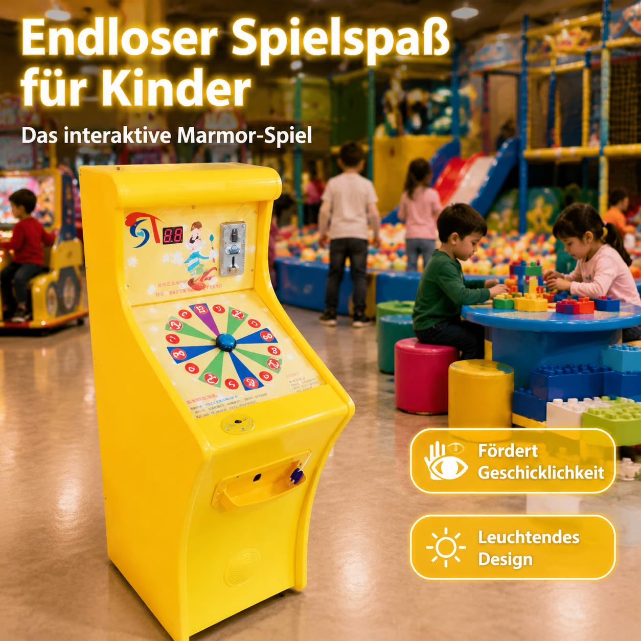 Gelber Arcade Automat, Münzbetriebener Kinderspielautomat mit Murmel-Launch, 55x40x110cm, für Spielzimmer & Kindergeburtstage , Klassisches Arcade-Design