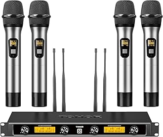 Wireless Microphones System, 4x5 Channel UHF Wireless Mic, 4 Handheld Adjustable Frequency Metal Cordless Dynamic Mic, Multiset Operation, 90m Ideal for Karaoke Singing Wedding Church, Silver