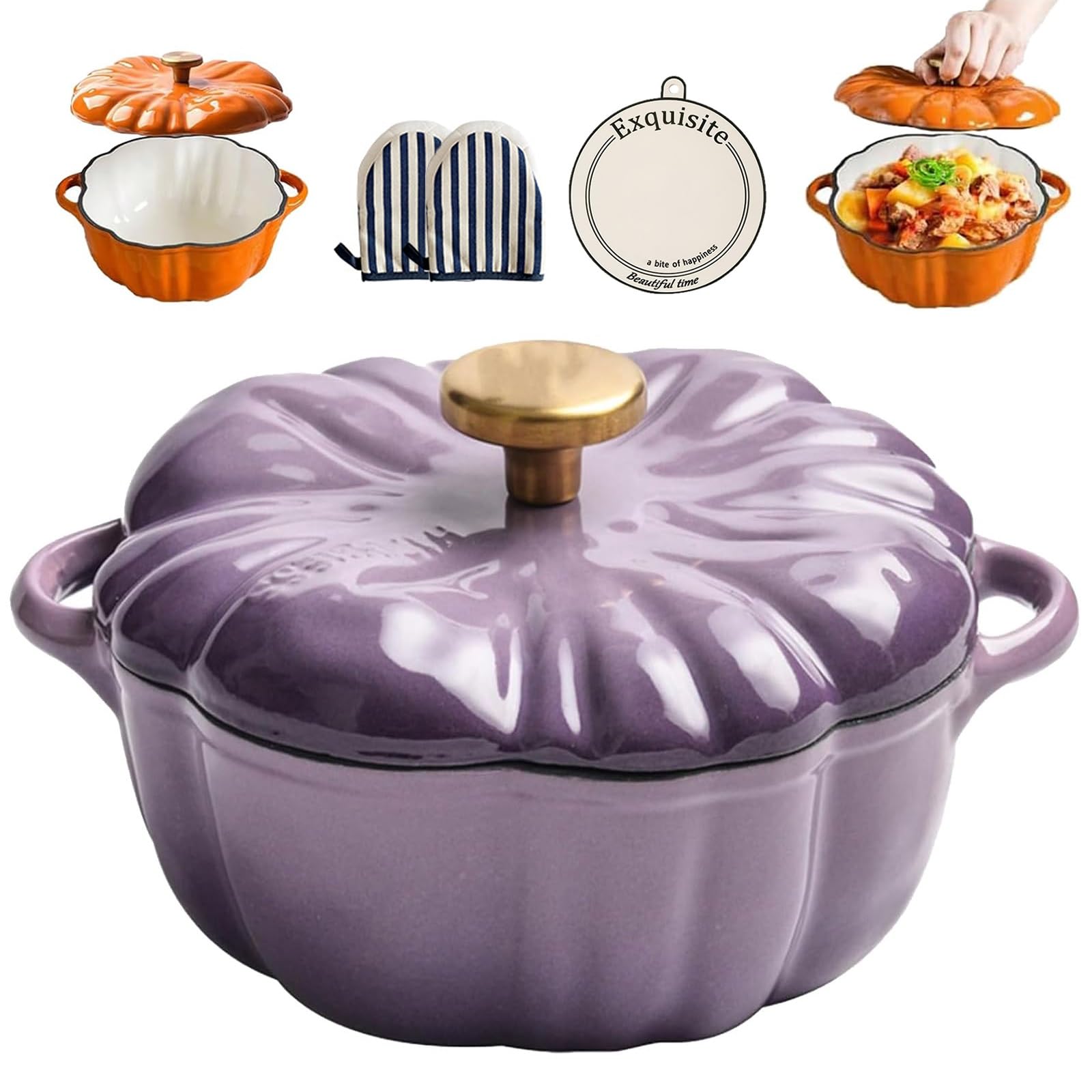 Horno holandés de calabaza de hierro fundido esmaltado con tapa, olla de doble mango para todas las estufas, perfecta para decoración de cocina de Acción de Gracias y Halloween