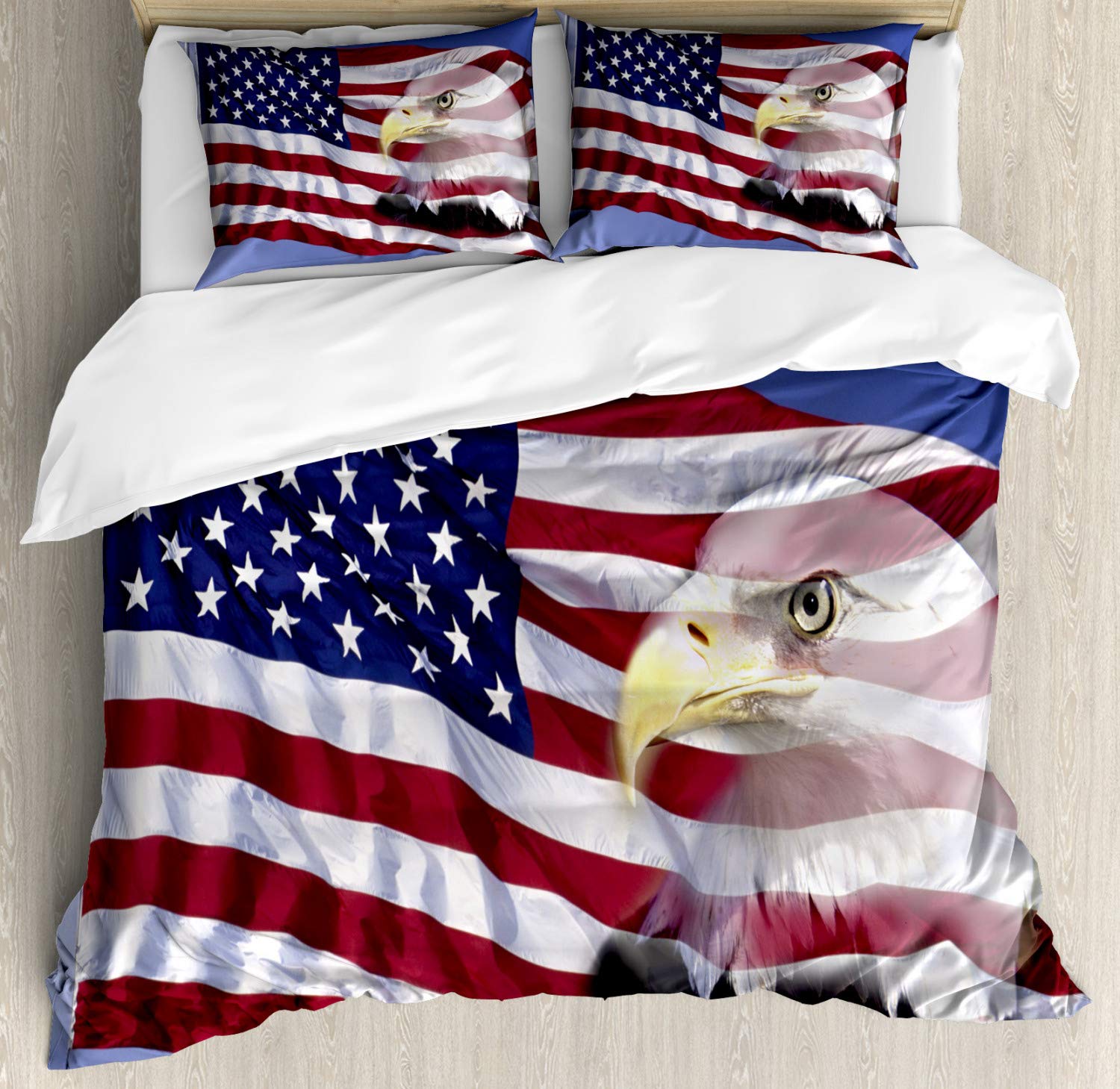 Ambesonne American Flag Duvet Cover Set, Bless America Banner in The Wind Eagle Double Exposure Citizen Image, Decorative 3 Piece Bedding Set with 2 Pillow Shams, Queen Size, Blue Red