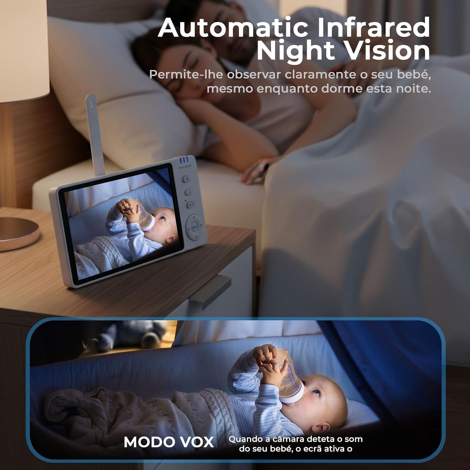 Babá Eletrônica com Tela, 5" 1080p HD Monitor de Bebê com Câmera, baby monitor Sem Wifi, Visão Noturna, Comunicação Bidirecional, Sensor de Temperatura, Panorâmica Inclinação, 110/220v