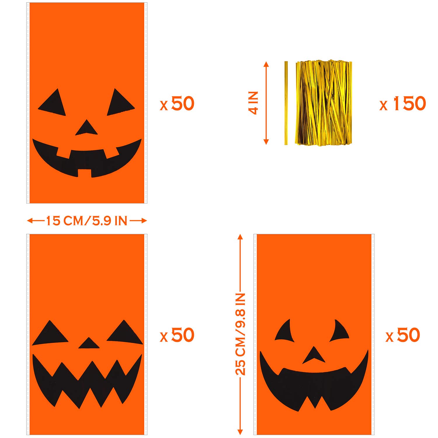Outus 150 Pieces Halloween Plastic Candy Bags Jack-O-Lantern Pumpkin Bags Goody Tote Bag Party Favor with Handles Party Favors