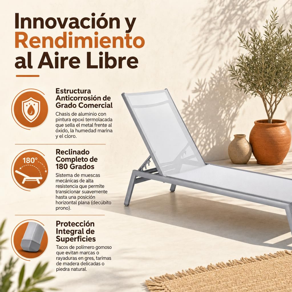 Pack 2 Unidades — Tumbona de jardín reclinable de Aluminio para Descansar y Tomar el Sol en Exteriores Blanco