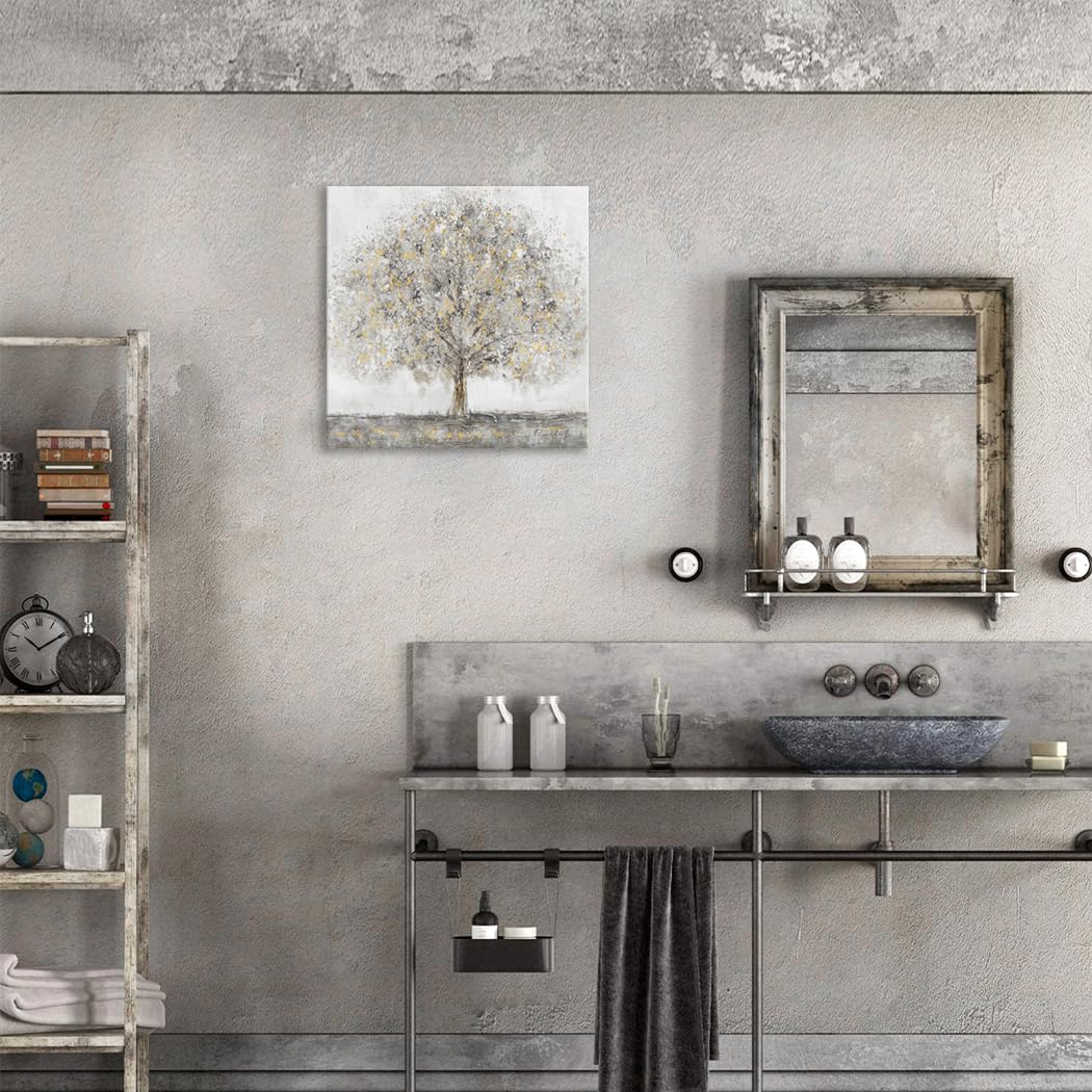 Woxfcart Abstract Gray Tree Wall Art with Gold Decor on Canvas, 12x12 inches