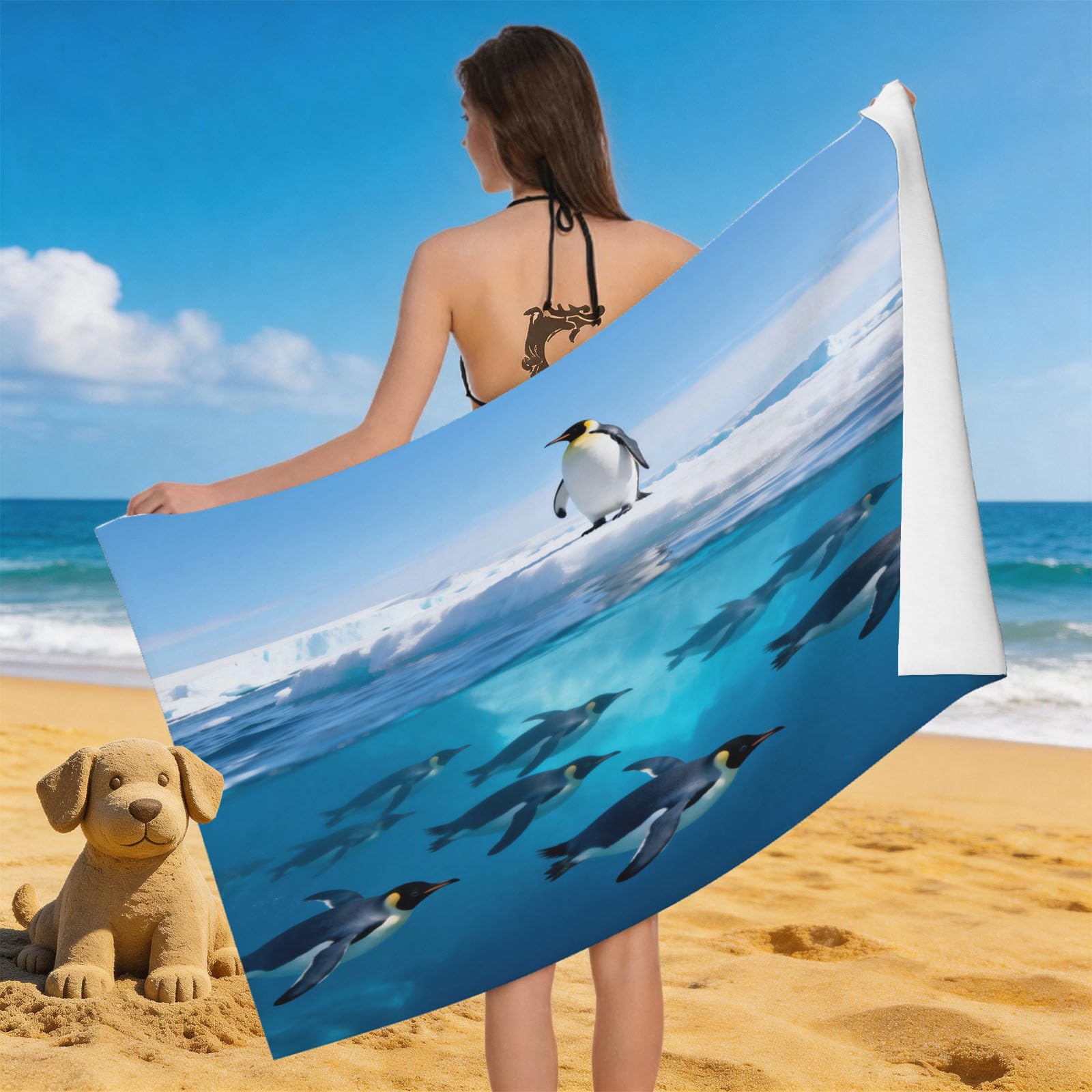 Leichong Men's Blue 3D Penguins Beach Towel Large Microfiber Soft Quick Dry For Adults, Polar Animals Bath Towel Lightweight Soft Absorbent For Travel Swimming Pool Sports, 80 X 160 Cm