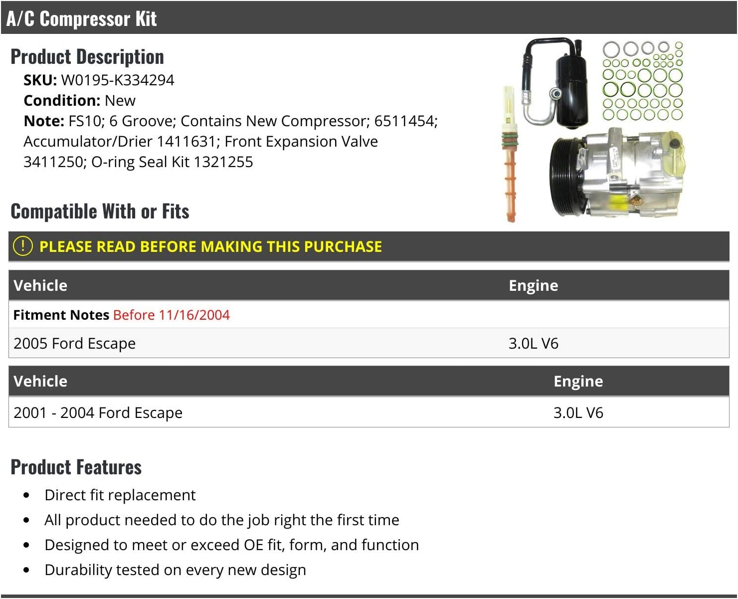 A/C Compressor Kit - with Accumulator/Drier, Front Expansion Valve, and O-ring Seal Kit - Compatible with 2001-2005 Ford Escape 3.0L V6 (Up to 11/16/2004)