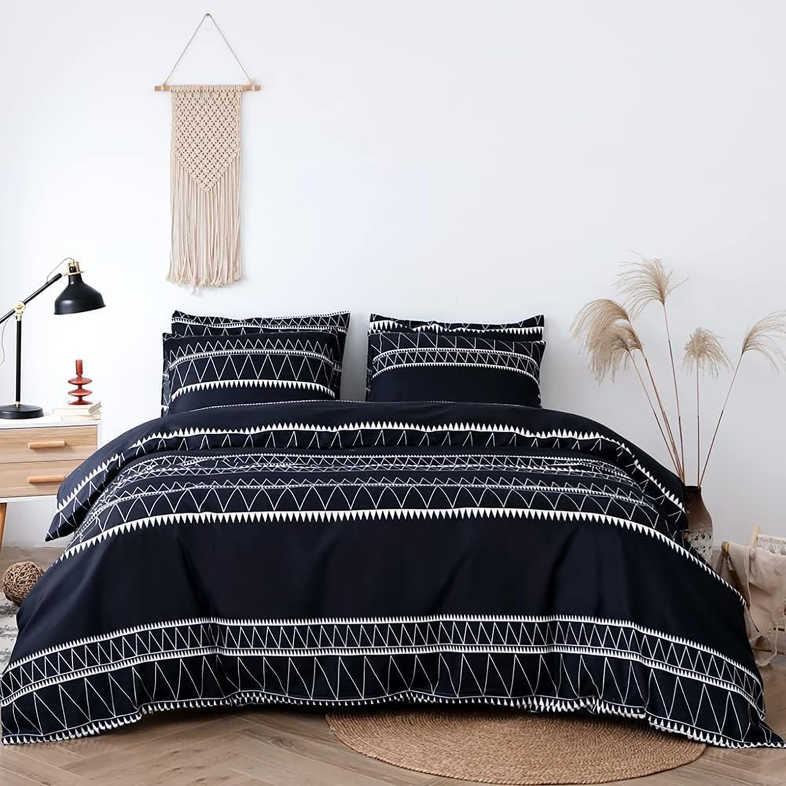 Lekesky Black Duvet Cover Double, Boho Striped Double Duvet Cover - 3 Pieces - Ultra Soft Microfiber Bedding Sets with Zipper Closure & 4 Corner Ties & 2 Pillowshams, 80x90 Inches