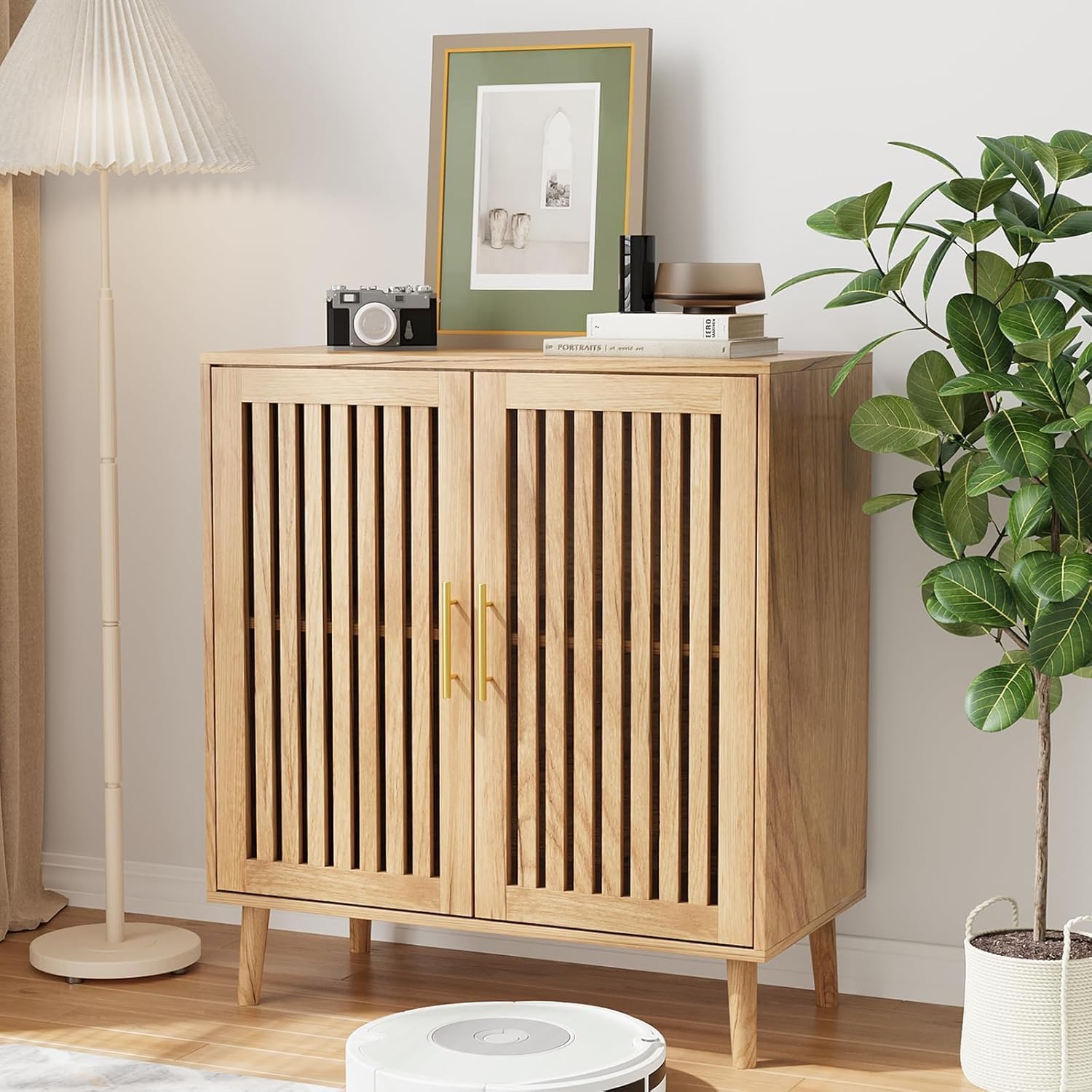 Solid Wood Cabinet with Storage,Sideboard with Grille Doors&Adjustable Shelf, Wood Coffee Bar Storage Cabinet for Kitchen Living Room-picture-17