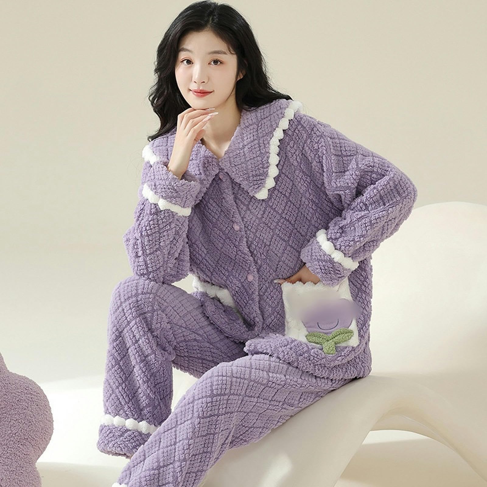 Pigiama Inverno Dolce E Carino Sciolto di Grandi Dimensioni in Flanella Pigiami Vele in Pile da Donna Abiti da Casa-Bianco-m