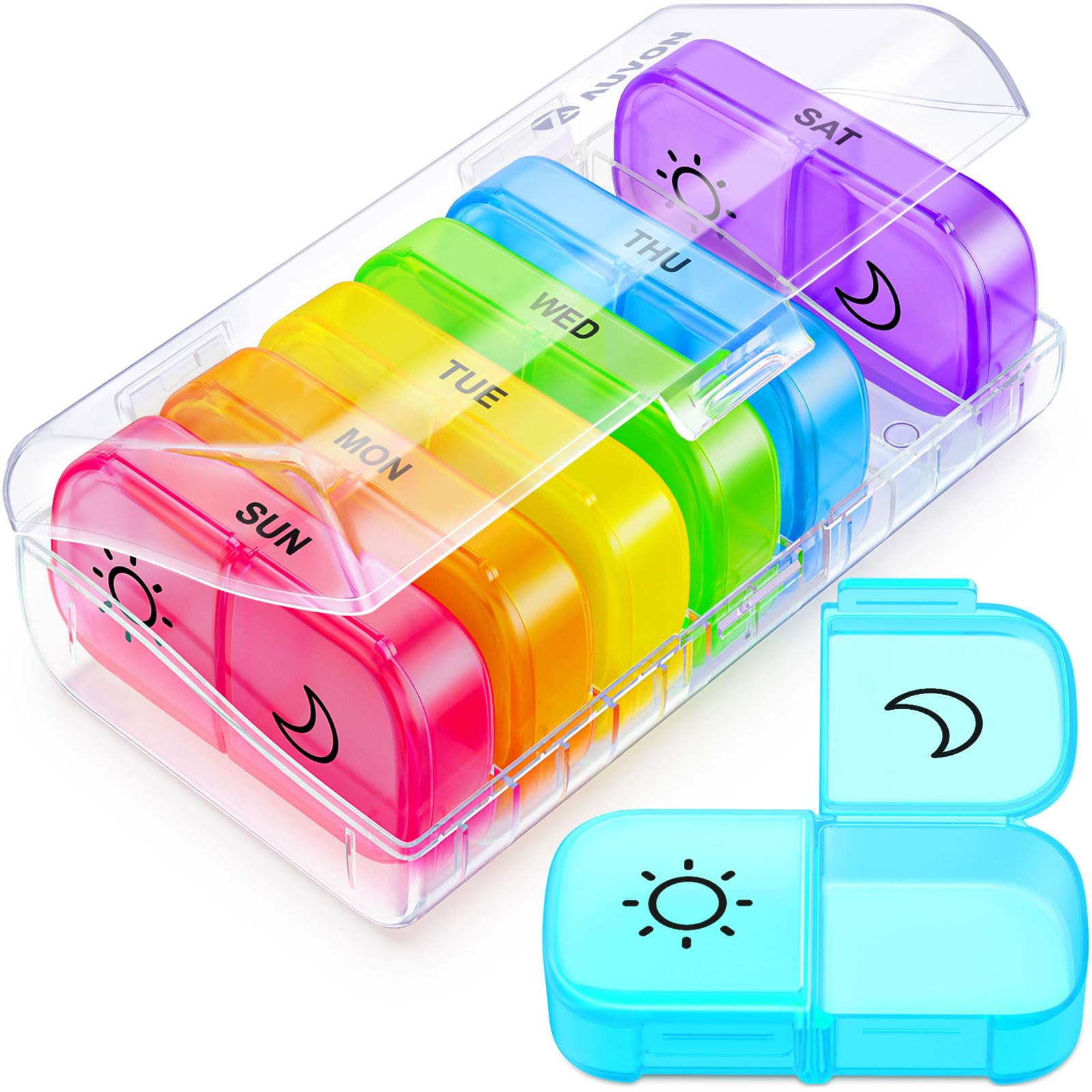 XL Weekly Pill Organizer 2 Times a Day with Large Opening for Easy Filling, AM PM Pill Box 7 Day in Rainbow Colors, Portable Travel Pill Case for Medication, Vitamins, Fish Oils, Supplements