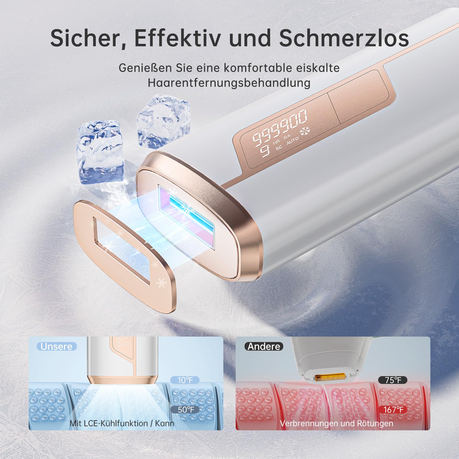 Epilatore Luce Pulsata con Funzione di Raffreddamento, 3 Funzioni Avanzate HR/SC/RA, 999,900 Flashes e 9 Livelli di Energia, Laser Epilatore Donna per Viso, Ascelle, Gambe, Corpo