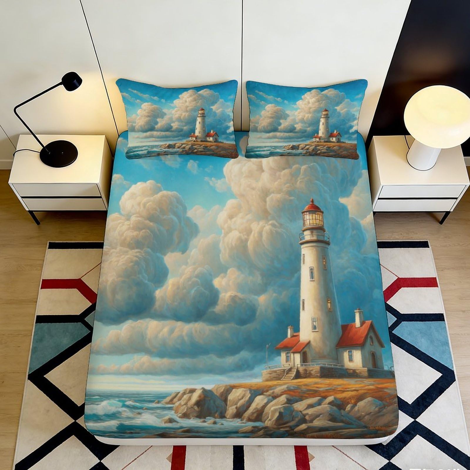 3D Printed Lighthouse Coastal Fitted Sheet Microfiber Non Slip Ocean Sky Mattress Cover Bedroom Decor 90x200x25cm