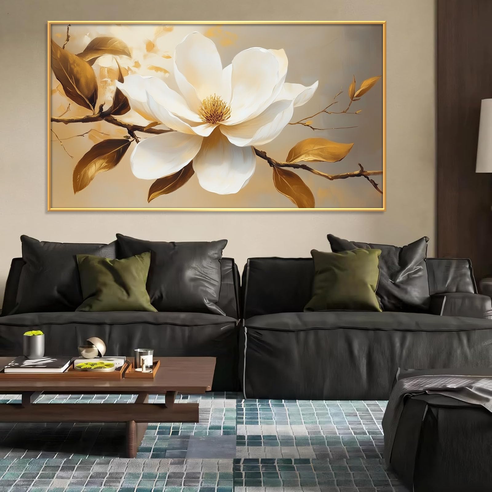 Magnolia Flower Canvas Wall Art, Magnolia Flower on a Golden Background Painting, White Floral Poster, Floral Canvas Art, Nature Pictures Wall Decor,