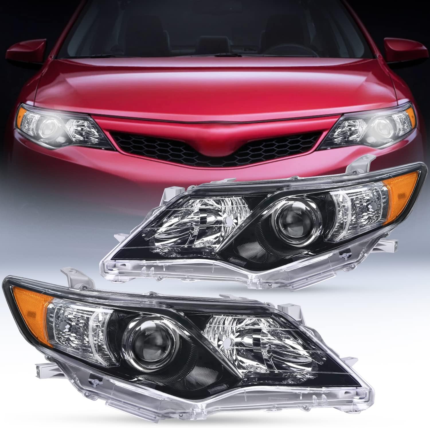 Nilight Headlight Assembly for 2012 2013 2014 Toyota Camry L/LE/XLE/Hybrid LE XLE Headlamps Replacement Black Housing Amber Reflector Driver and Passenger Side, 2 Years Warranty