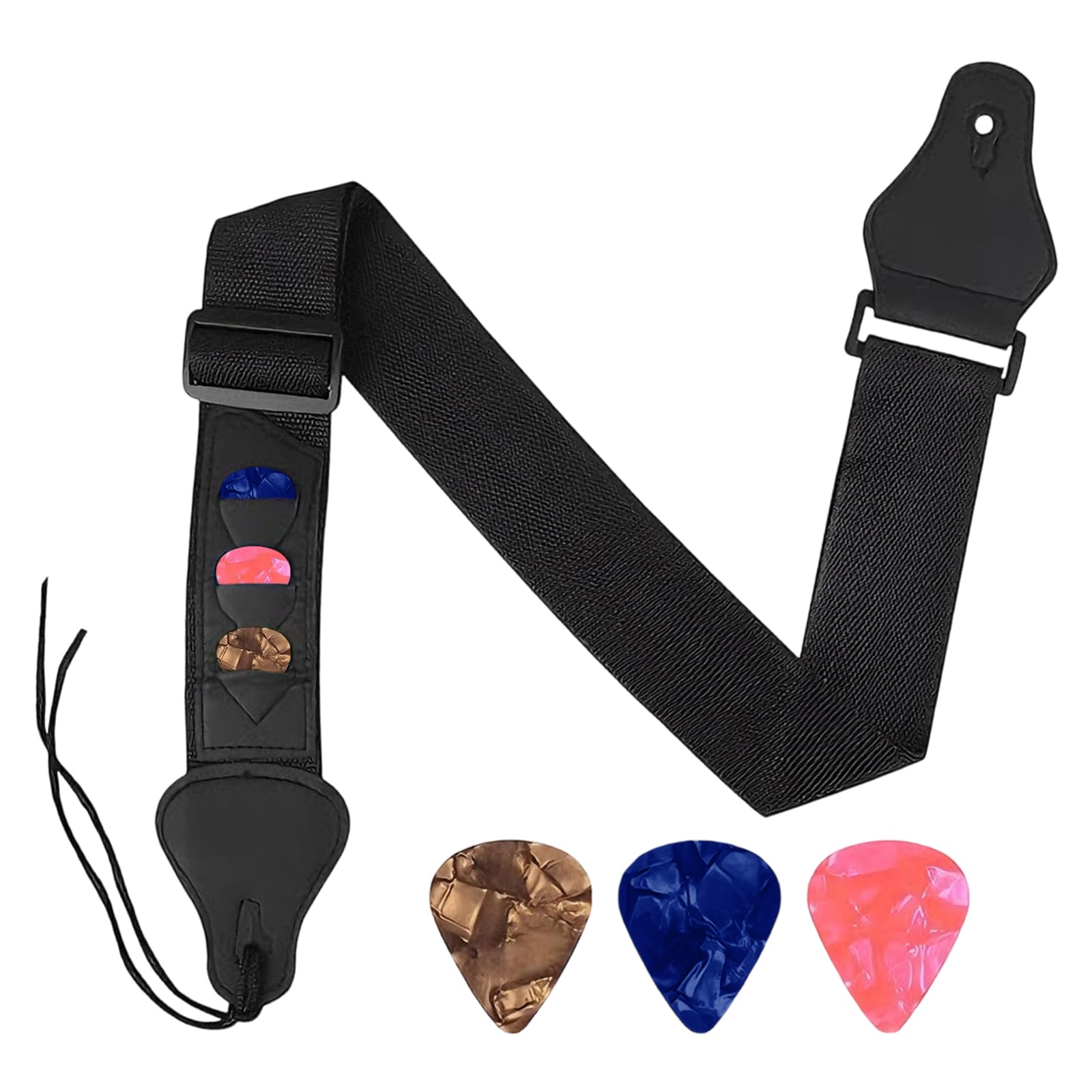 Gxahsol Unisex Black Bass Guitar Strap, Acoustic Guitar Strap, Braided Adjustable With Leather Ends With 3 Pick Pocket, Suitable For Electric, Acoustic, Bass & More
