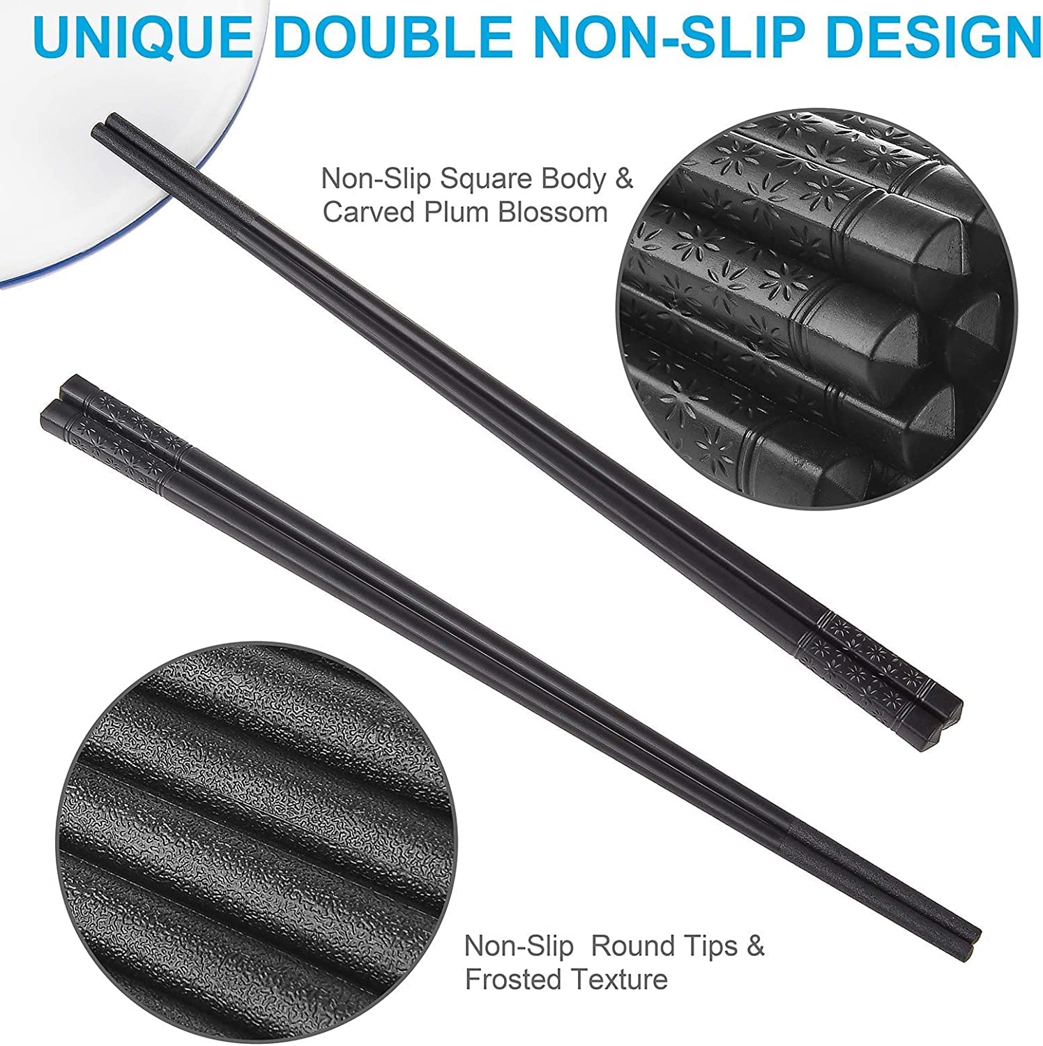 Zollyss 10 Pairs Fiberglass Reusable Non-Slip Chopsticks for Sushi, Noodles, Fried Rice (24 cm, Black) 3