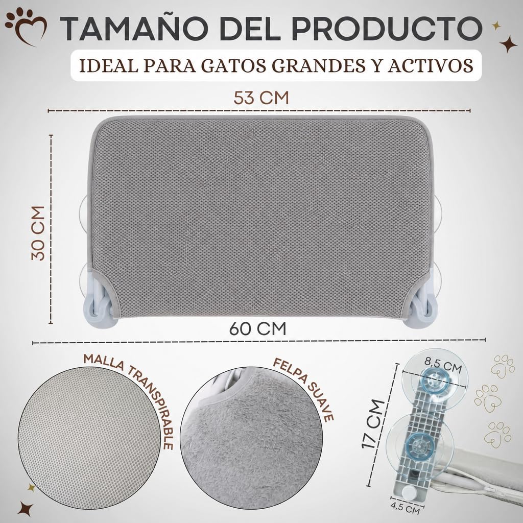 FR3® Hamaca para Gatos Ventana con Seguridad Reforzada | Cama Colgante con 6 Ventosas de Alta Resistencia y Barras Anti-Deslizamiento | Incluye 2 Fundas Reversibles Invierno/Verano y Juguete
