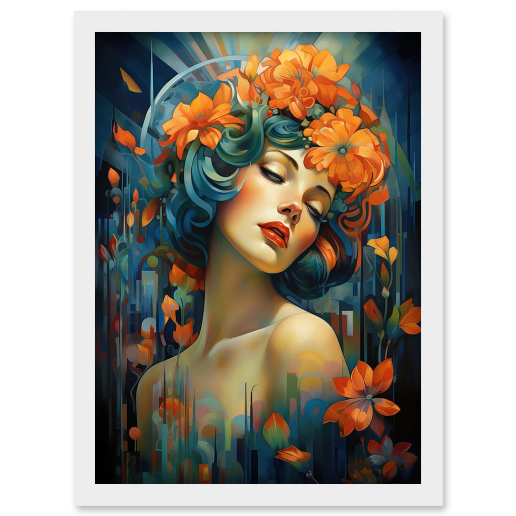 Artery8 Woman Portrait with Flowers Modern Art Deco Vibrant Artwork Orange Blue Floral Headband Artwork Framed Wall Art Print A4