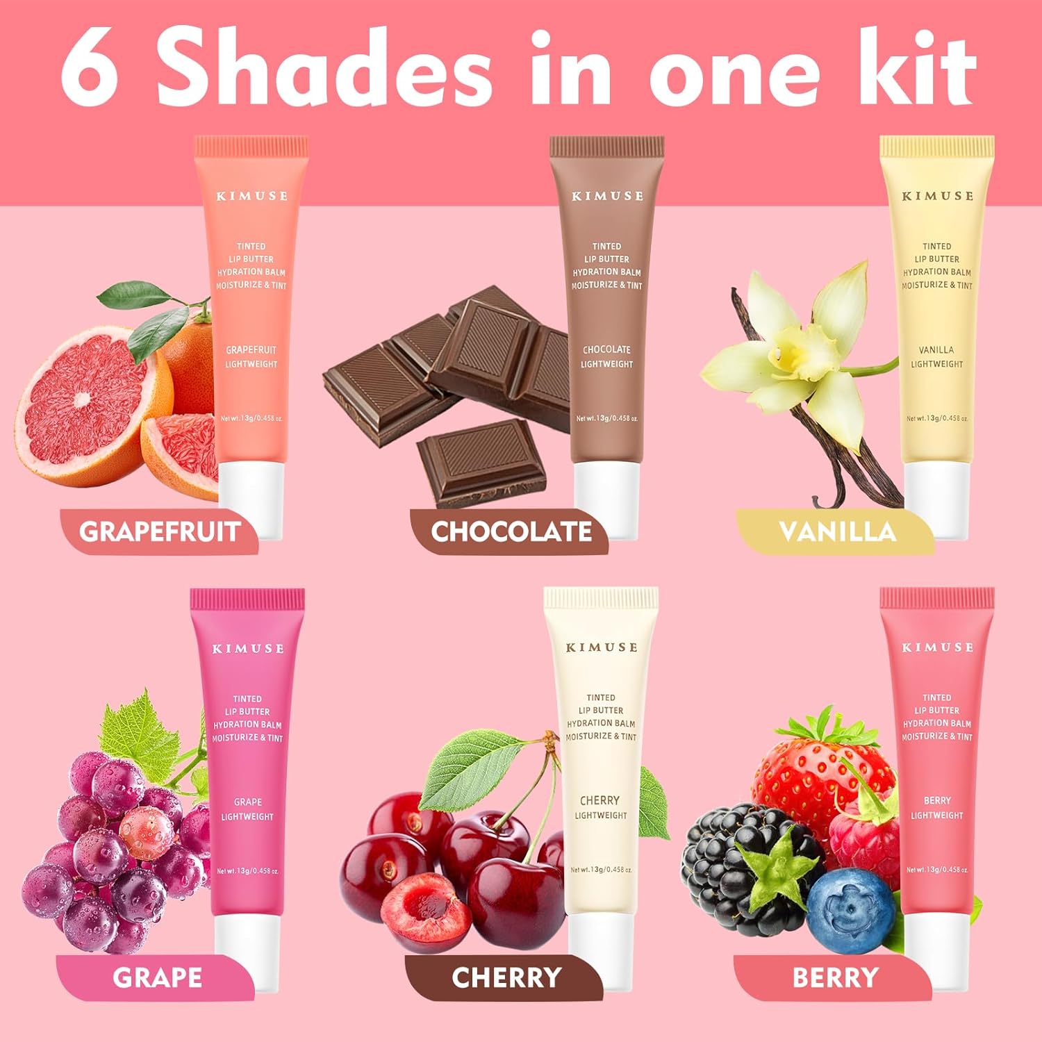 KIMUSE 6 Pcs Tinted Lip Butter Hydration Balm Set, 6 Flavored Shades Hydrating Plumping Gloss with Hyaluronic Acid & Vitamin E, Sheer Tint, Non-Sticky | Vegan Lip Care Makeup for Dry Lips & Daily - Image 3