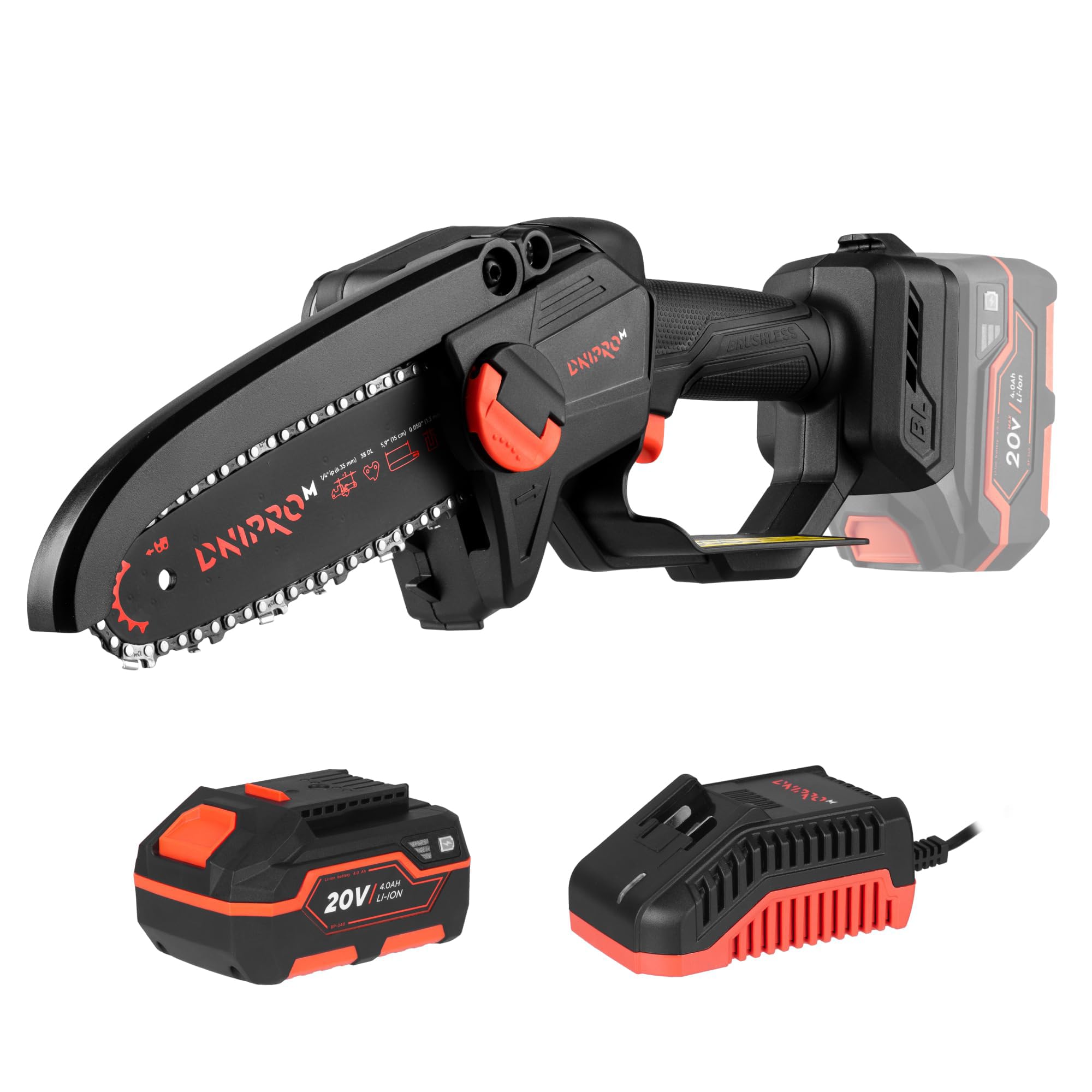 Mini Motosierra Batería DMS-200BC - Motor Brushless 20V, 5.300 RPM - Motosierra Eléctrica Pequeña Compacta, Guía 15 cm, Cadena 7,9 m/s, Engrase Automático - con Bateria 4Ah y Cargador - Por Dnipro-M